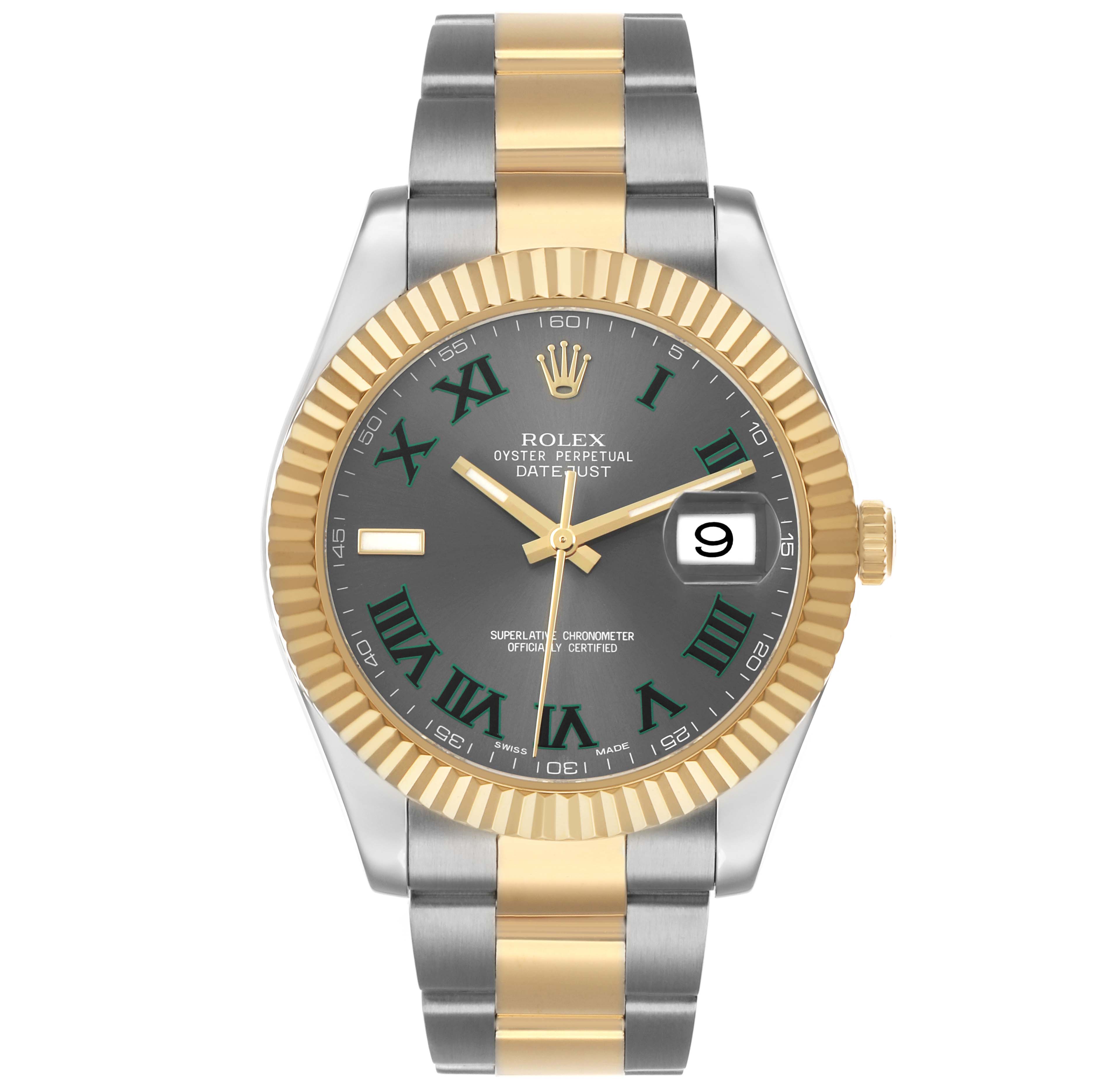 The Rolex Datejust 41 116333 Men's Steel and Gold (two tone) Grey Dial is shown from a front angle, displaying the full face, bezel, and bracelet.