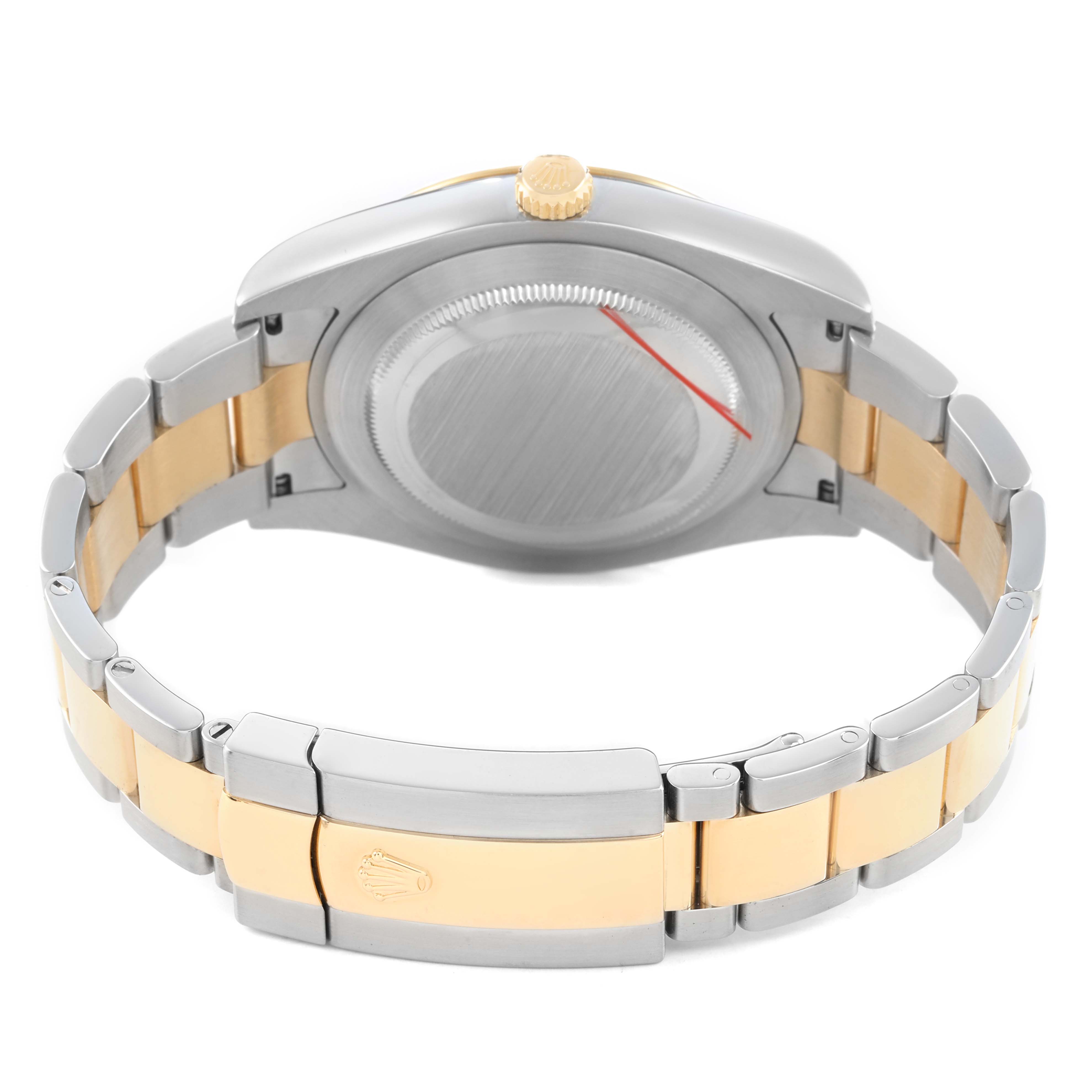 The Rolex Datejust 41 116333 Men's Steel and Gold (two tone) Grey Dial is shown from the back, highlighting the case back, crown, and two-tone bracelet.