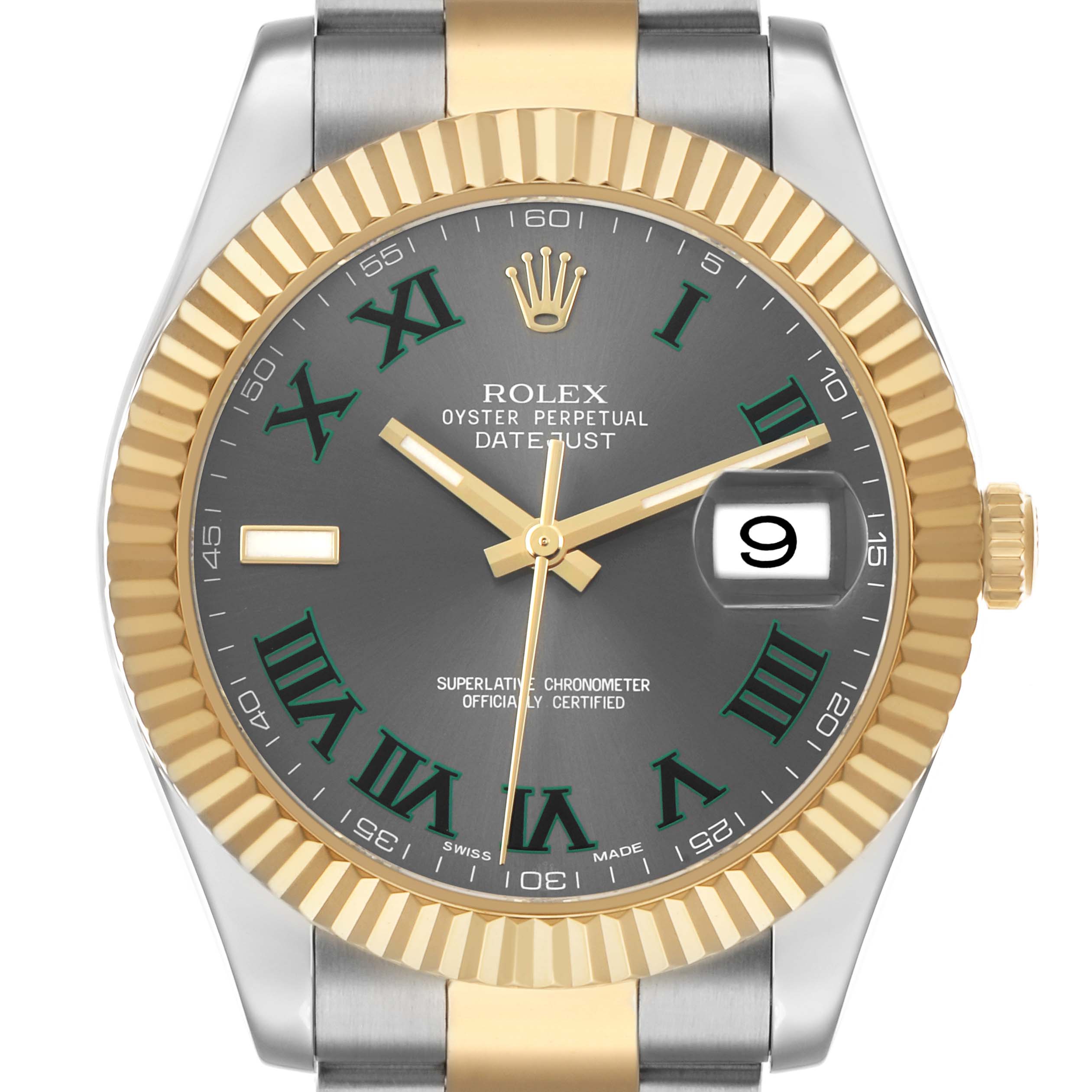 The image shows a Rolex Datejust 41 116333 Men's Steel and Gold (two tone) Grey Dial model from a front angle, highlighting the bezel, dial, and bracelet.