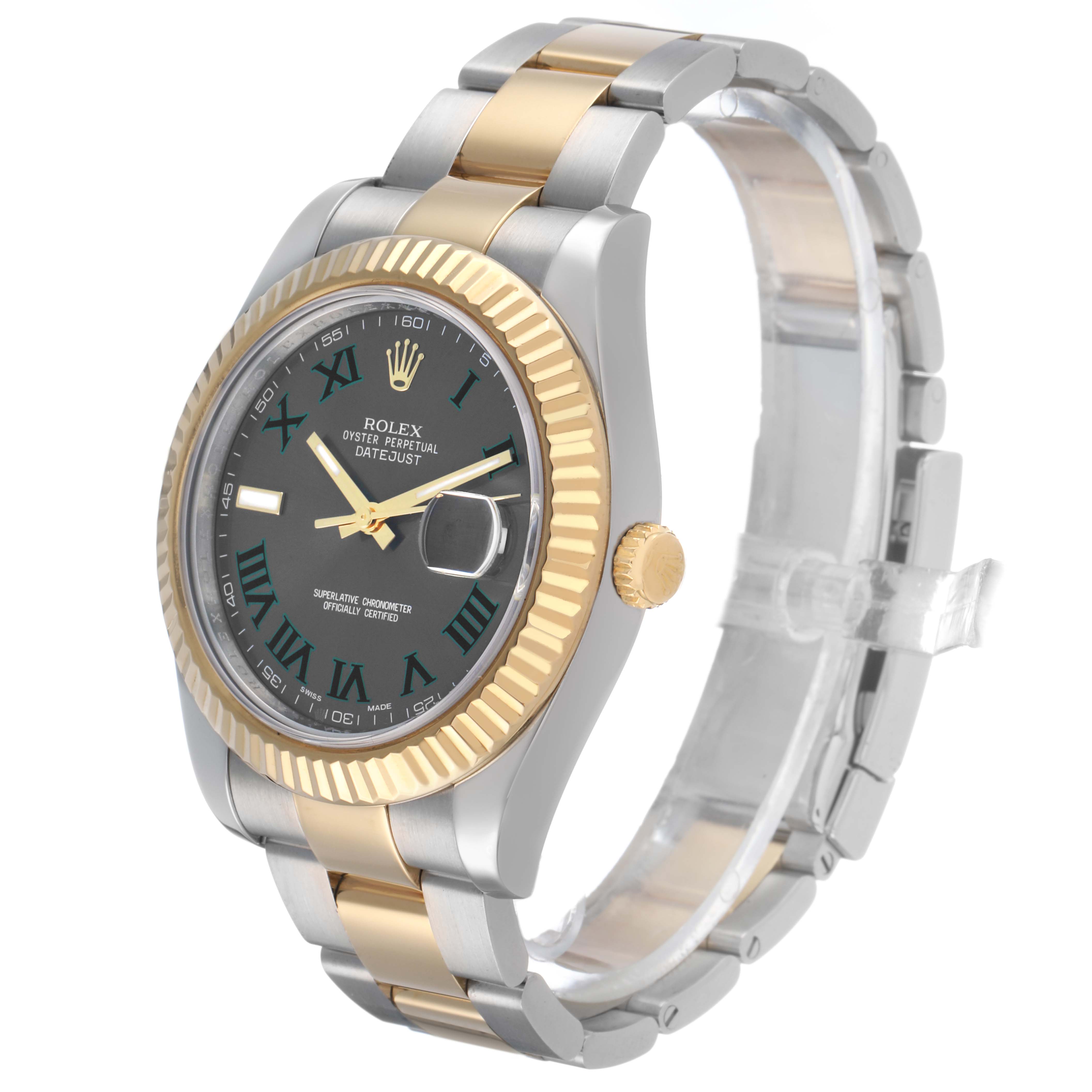 The Rolex Datejust 41 116333 Men's Steel and Gold (two tone) Grey Dial is shown from a front-right angle, highlighting the dial, fluted bezel, and two-tone bracelet.