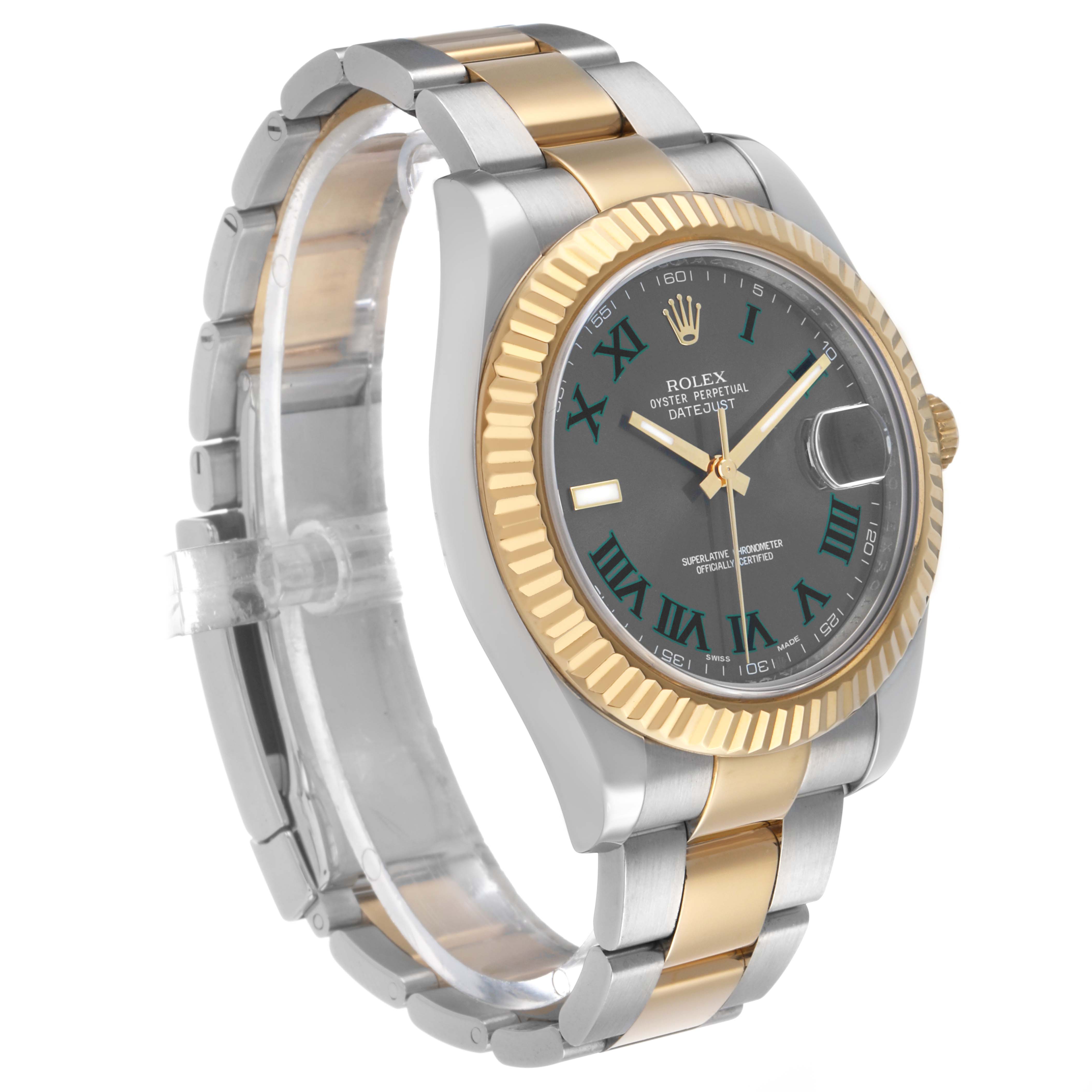 The Rolex Datejust 41 116333 Men's Steel and Gold (two tone) Grey Dial is shown at a slight side angle, displaying the face, bezel, and part of the bracelet.