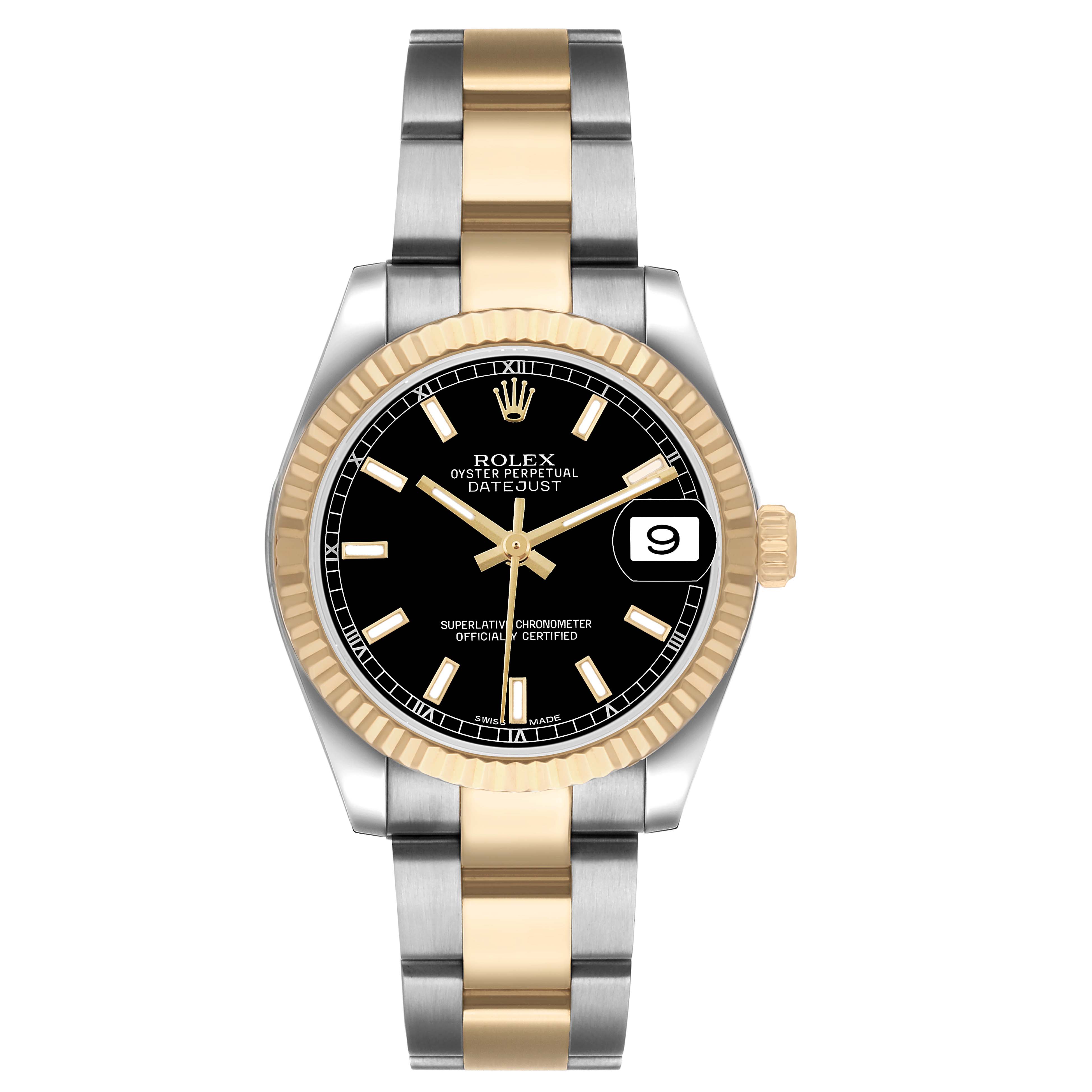 The Rolex Datejust 178273 Women's Steel and Gold (two tone) Black Dial watch is shown from a front angle, displaying its dial, bezel, bracelet, and date feature.