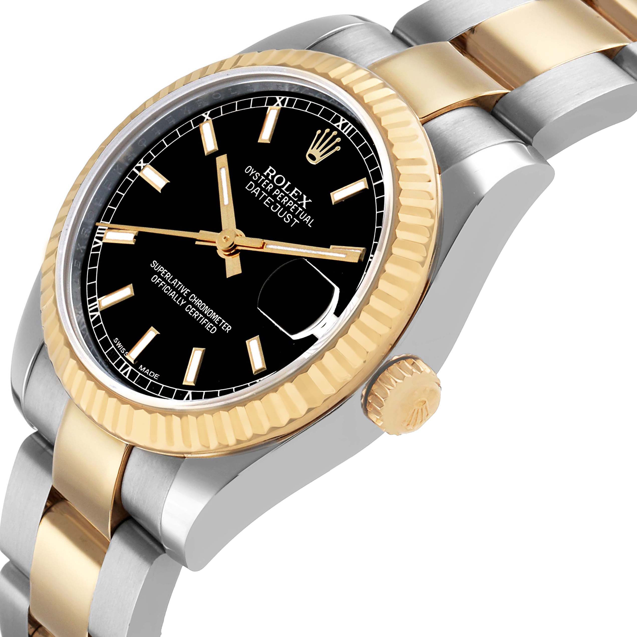 The Rolex Datejust 178273 Women's Steel and Gold (two tone) Black Dial is shown at a slight angle highlighting the dial, bezel, crown, and bracelet.