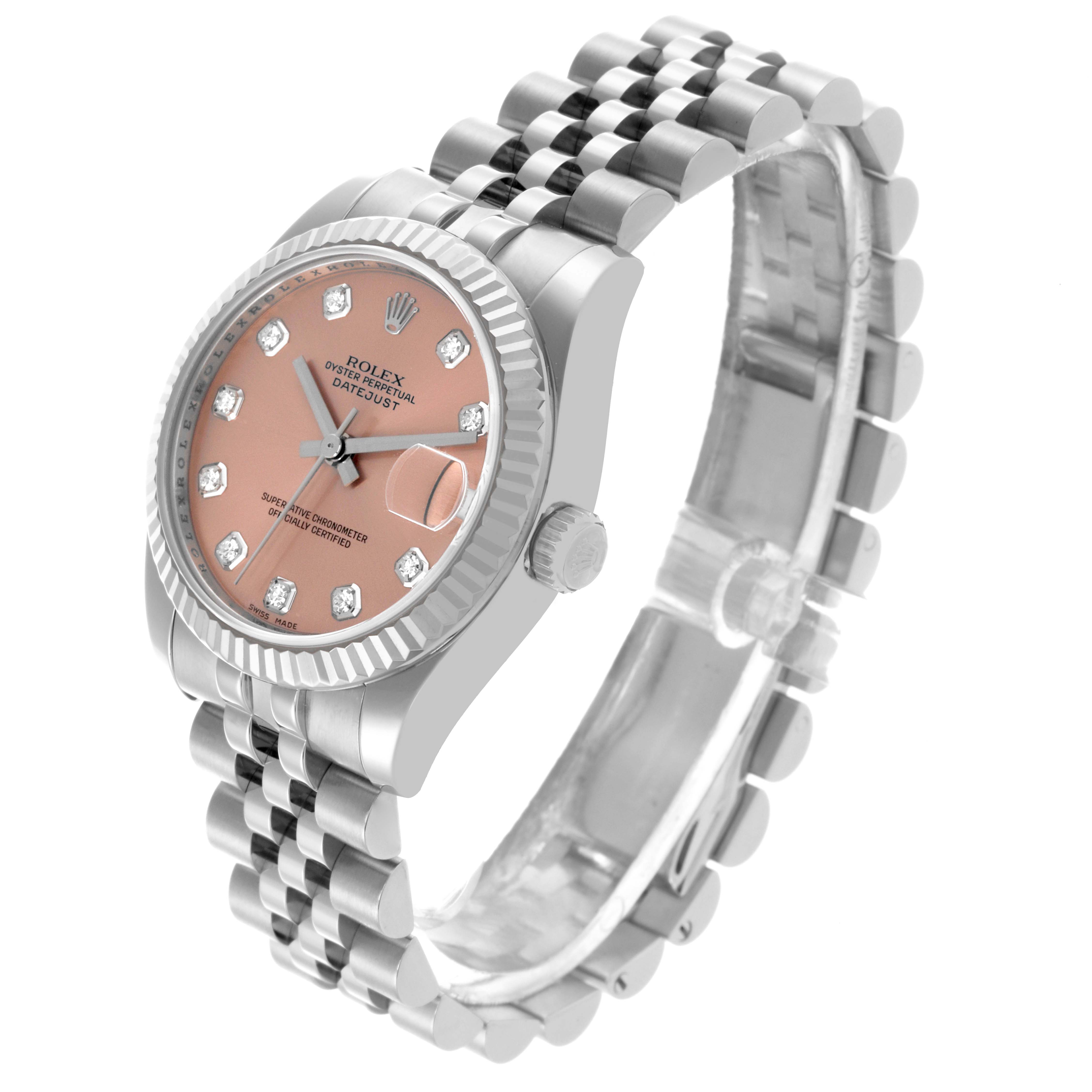The Rolex Mid-Size 178274 Women's Stainless Steel Pink Dial 178274 Women's Stainless Steel Pink Dial model watch is shown at an oblique angle, displaying the face, case, bezel, crown, and bracelet.