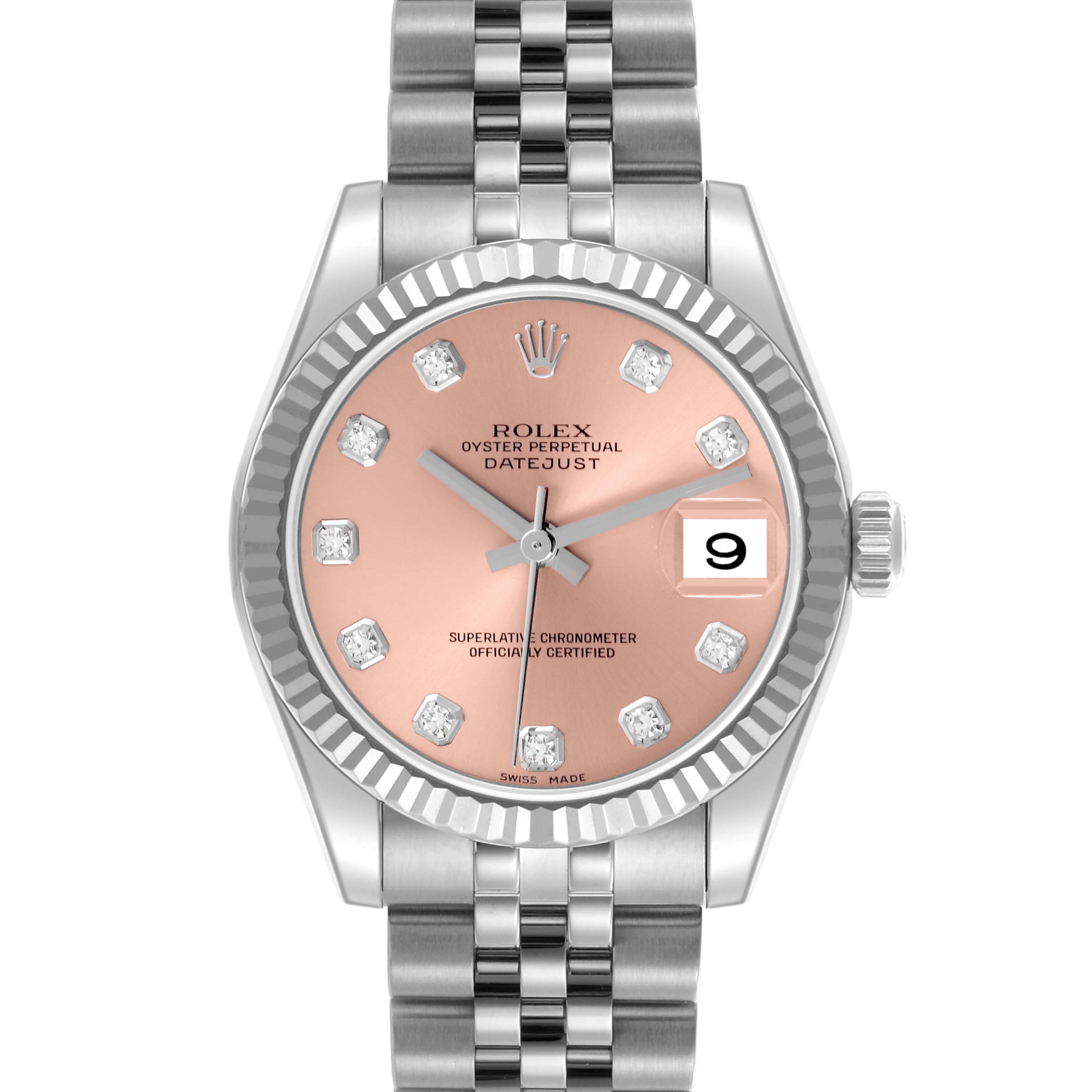 The Rolex Mid-Size 178274 Women's Stainless Steel Pink Dial 178274 Women's Stainless Steel Pink Dial watch is shown from a front angle, displaying the dial, bezel, and bracelet.