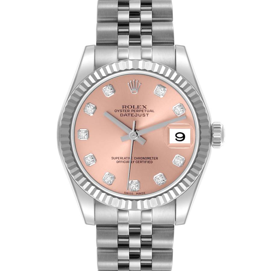 The Rolex Mid-Size watch is shown from a front angle, displaying the dial, bezel, and bracelet.