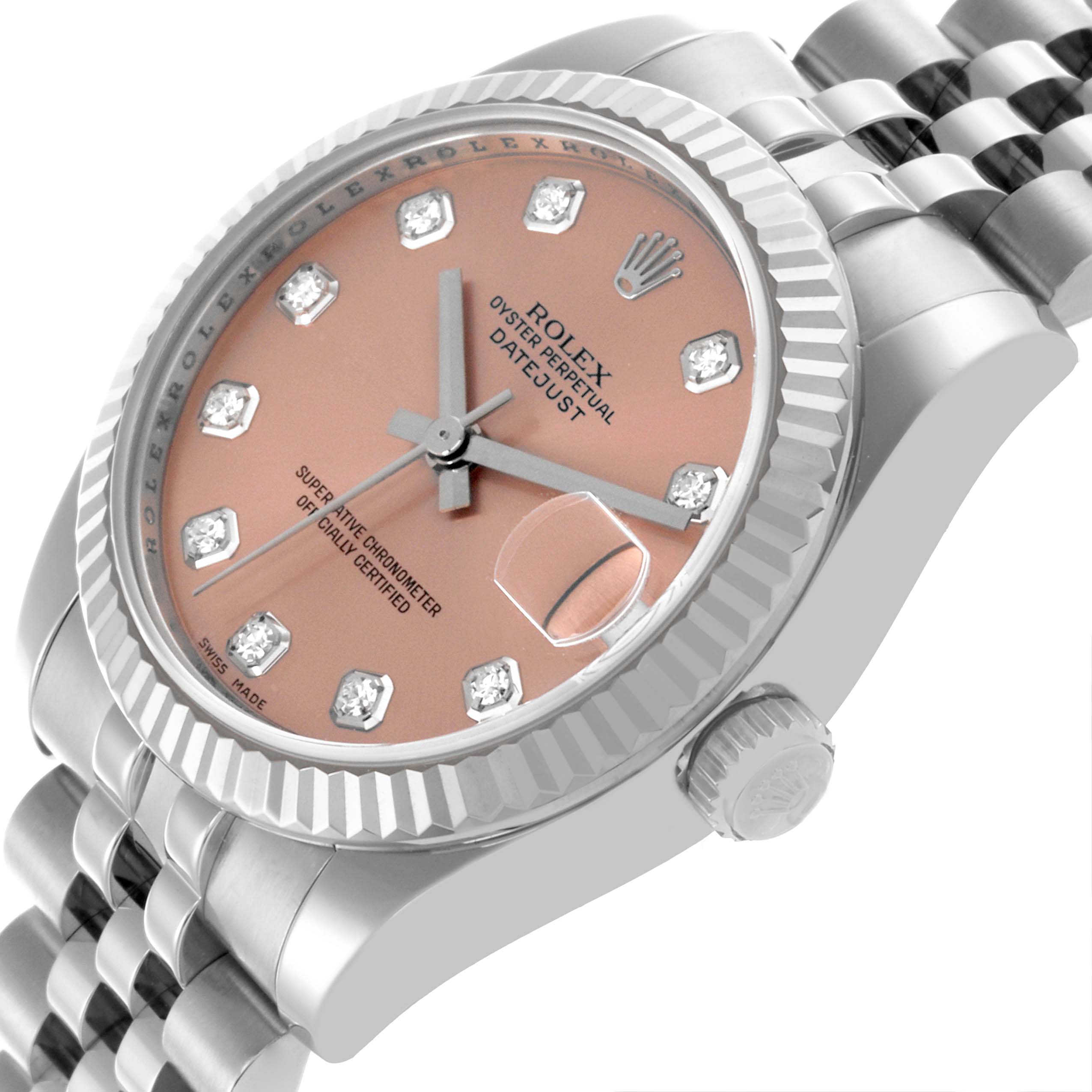 The Rolex Mid-Size 178274 Women's Stainless Steel Pink Dial 178274 Women's Stainless Steel Pink Dial watch is shown from a front-side angle, highlighting the dial, bezel, crown, and bracelet.