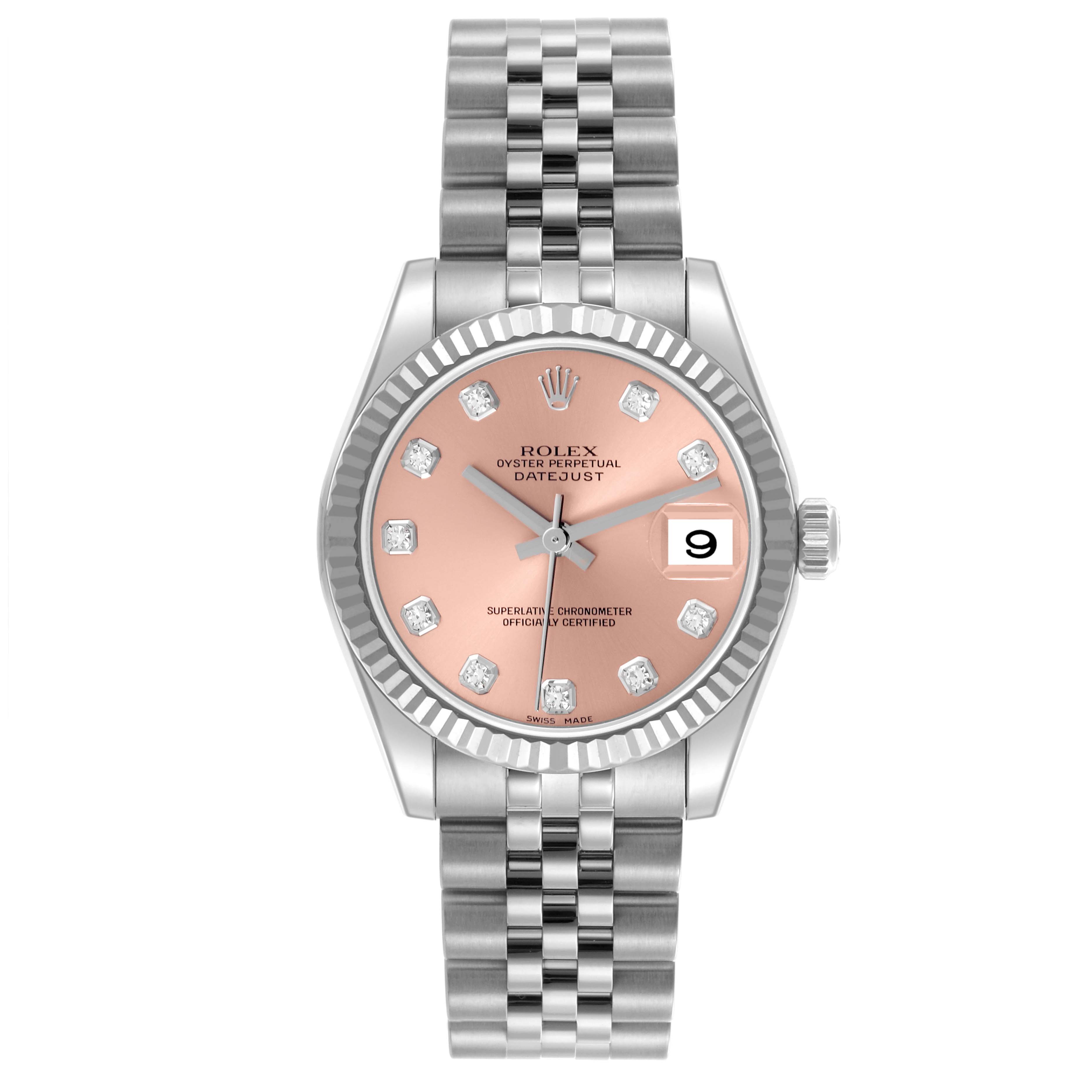 The Rolex Mid-Size 178274 Women's Stainless Steel Pink Dial 178274 Women's Stainless Steel Pink Dial Datejust is shown from a top view, highlighting the dial, bezel, case, and bracelet.
