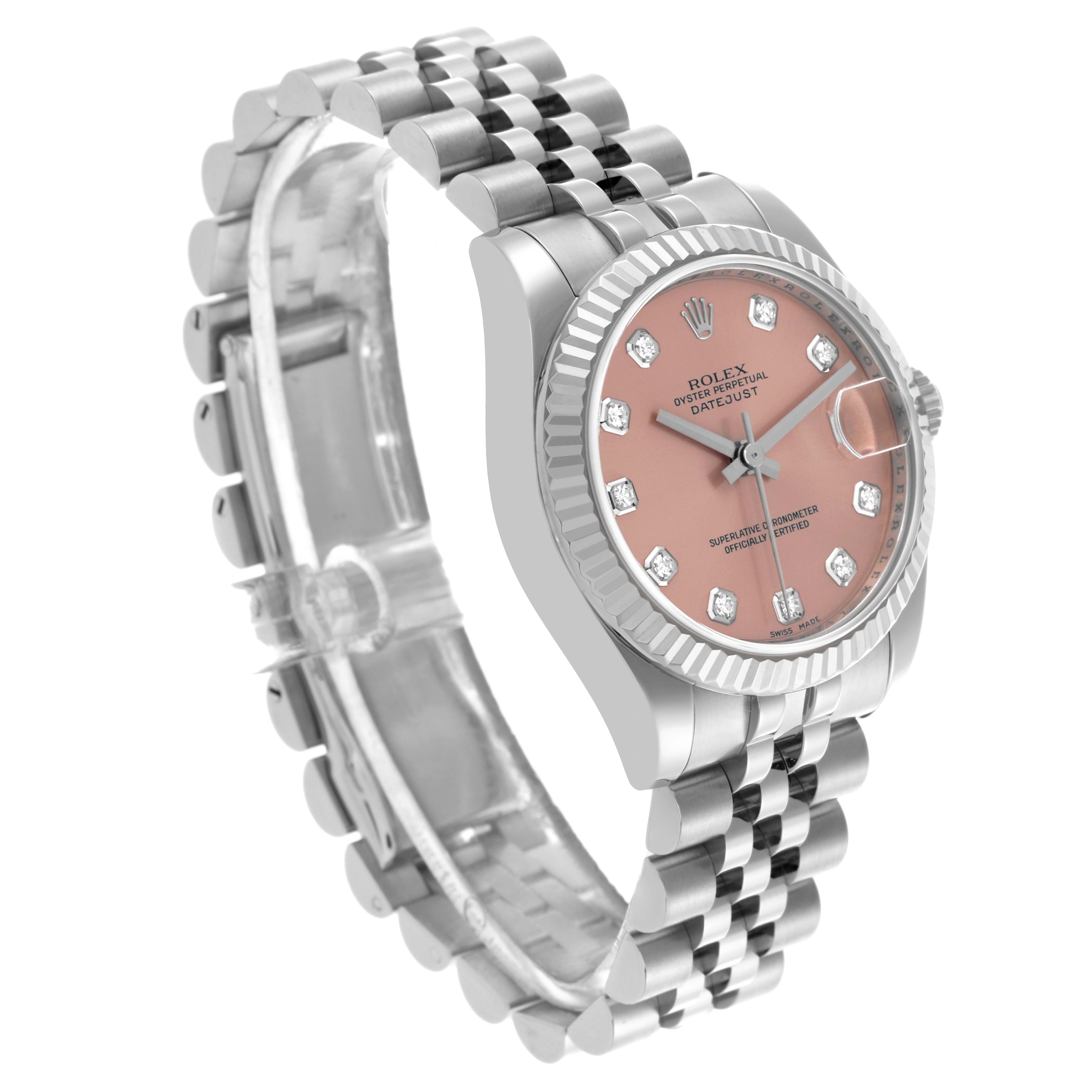 The Rolex Mid-Size 178274 Women's Stainless Steel Pink Dial 178274 Women's Stainless Steel Pink Dial watch is shown at a three-quarter angle, highlighting the pink dial, bezel, and jubilee bracelet.