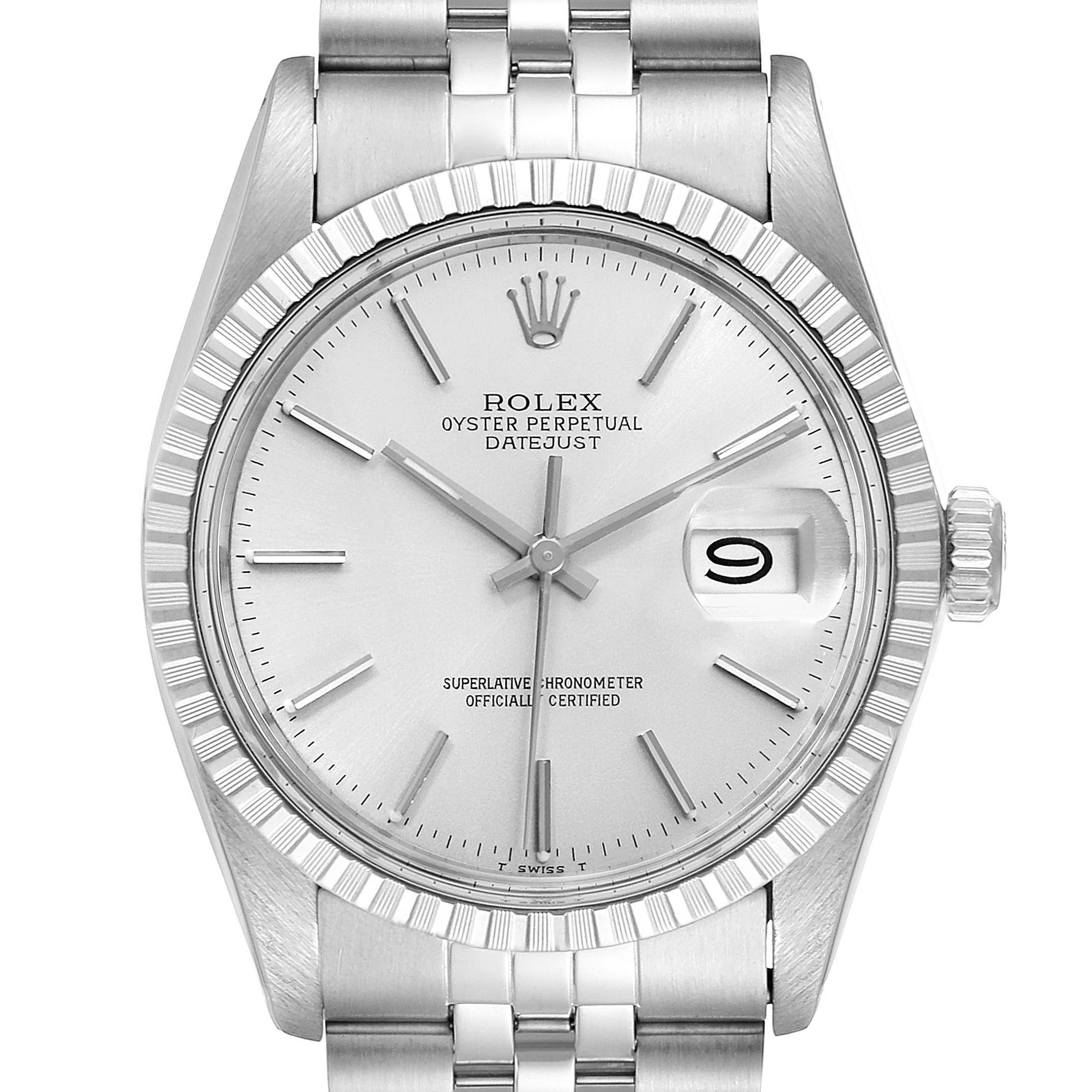 The image shows a front view of the Rolex Vintage Collection 16030 Men's Stainless Steel Silver Dial 16030 Men's Stainless Steel Silver Dial Oyster Perpetual Datejust, highlighting the watch face, hands, date window, and bracelet.