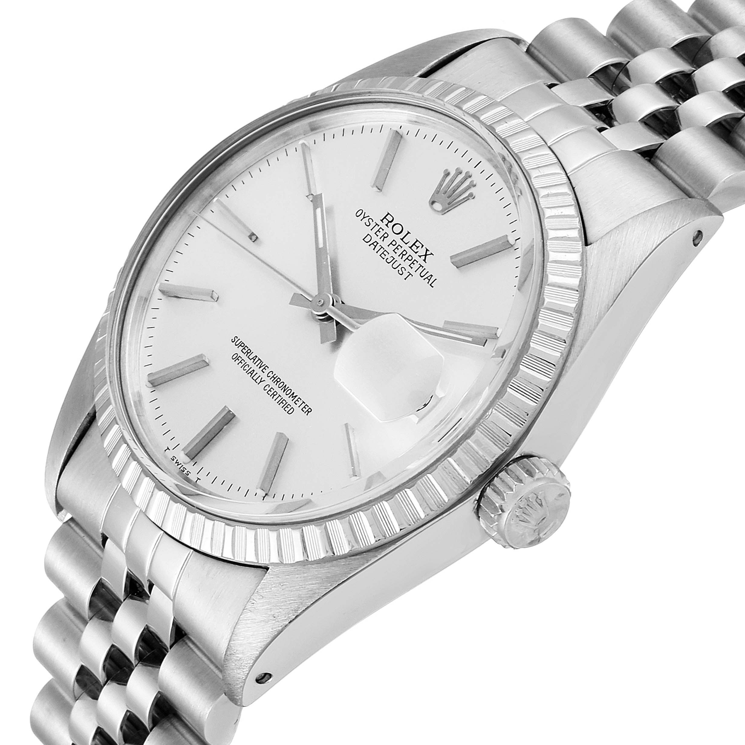 The image shows a side-angle view of the Rolex Vintage Collection 16030 Men's Stainless Steel Silver Dial 16030 Men's Stainless Steel Silver Dial watch, highlighting the face, bezel, crown, and bracelet.