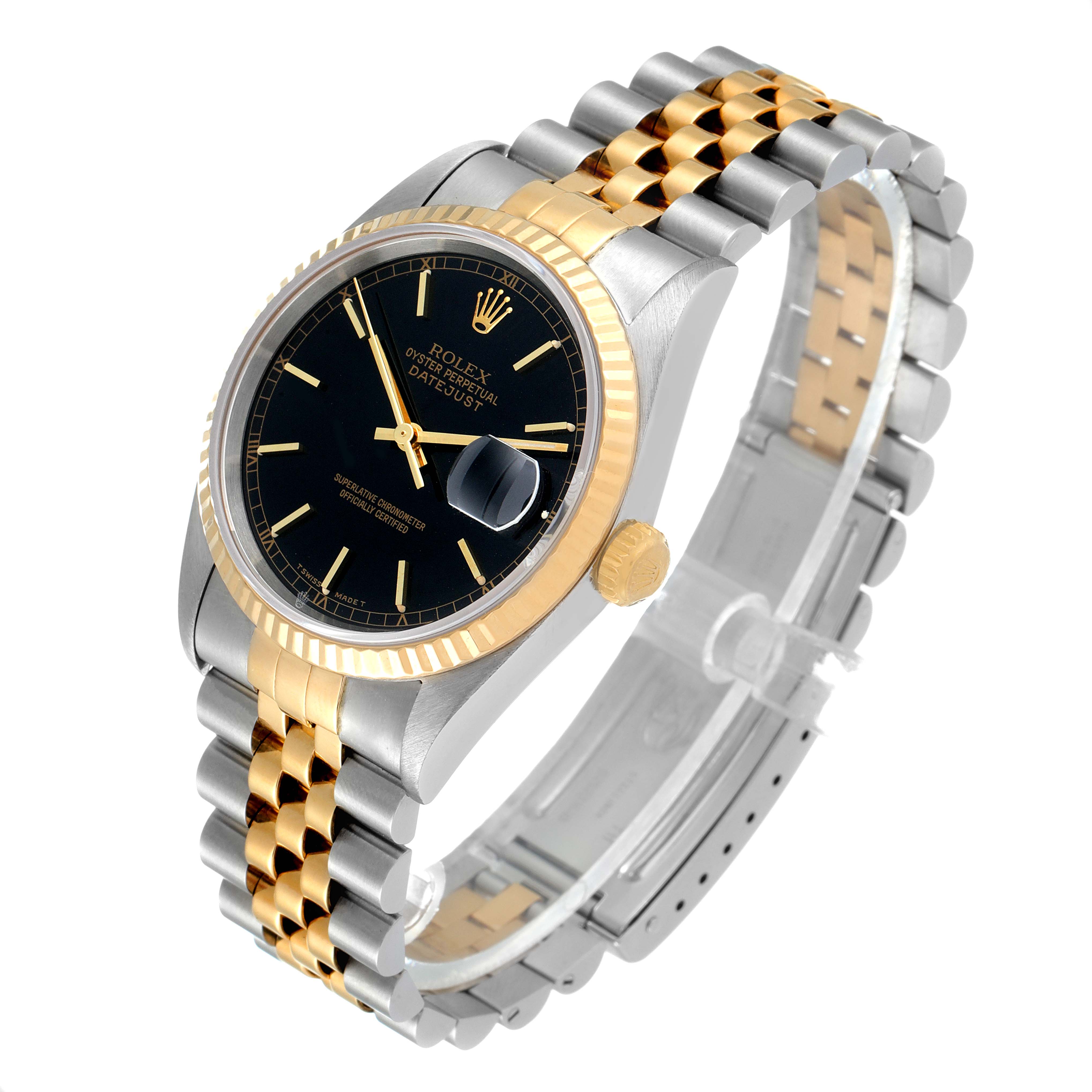 The image shows a Rolex Datejust 16233 Men's Steel and Gold (two tone) Black Dial 16233 Men's Steel and Gold (two tone) Black Dial watch at a three-quarter angle, highlighting the dial, bezel, and bracelet.