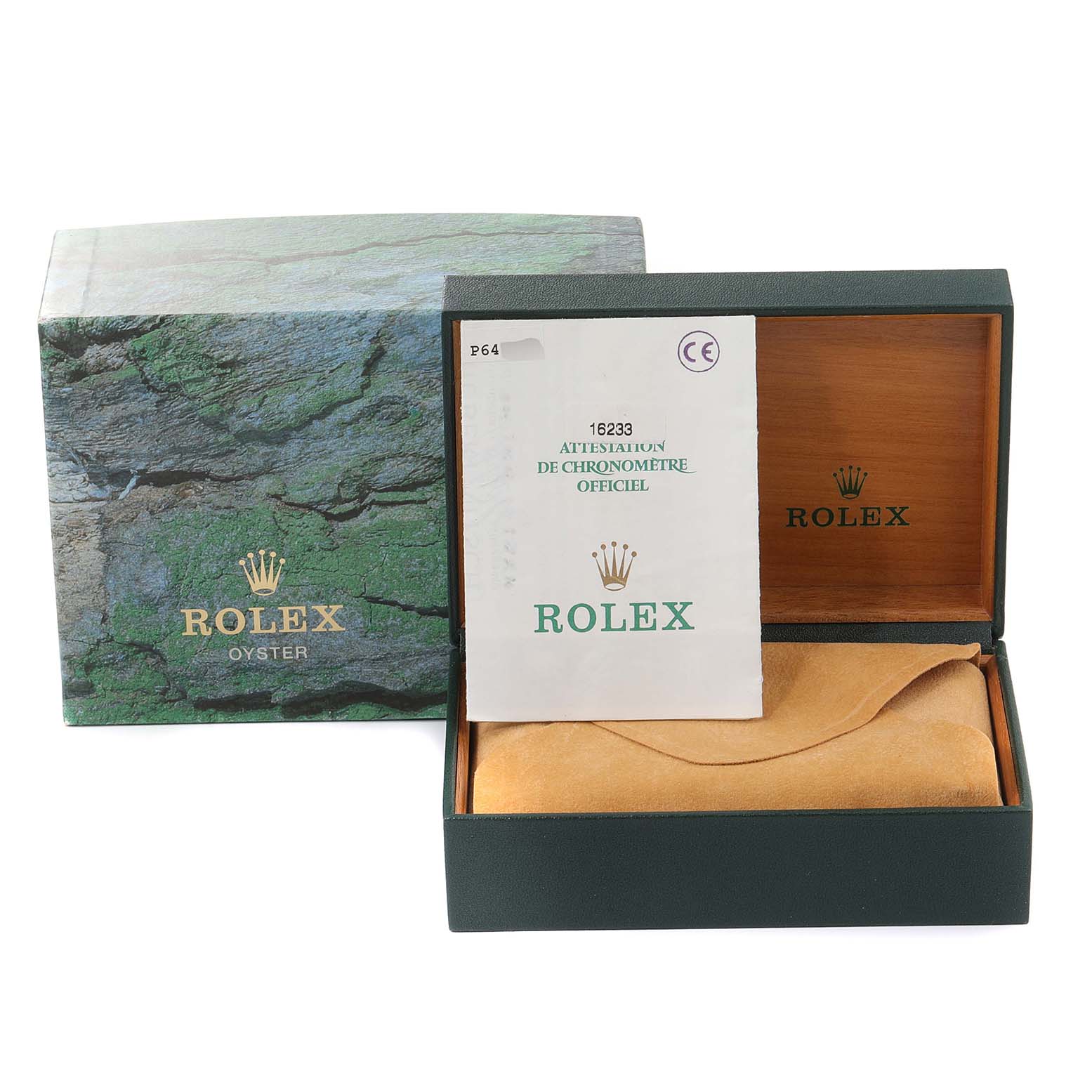 The image shows a Rolex Datejust 16233 Men's Steel and Gold (two tone) Black Dial 16233 Men's Steel and Gold (two tone) Black Dial watch box, an official certificate, and packaging, with the box lid open displaying the interior.