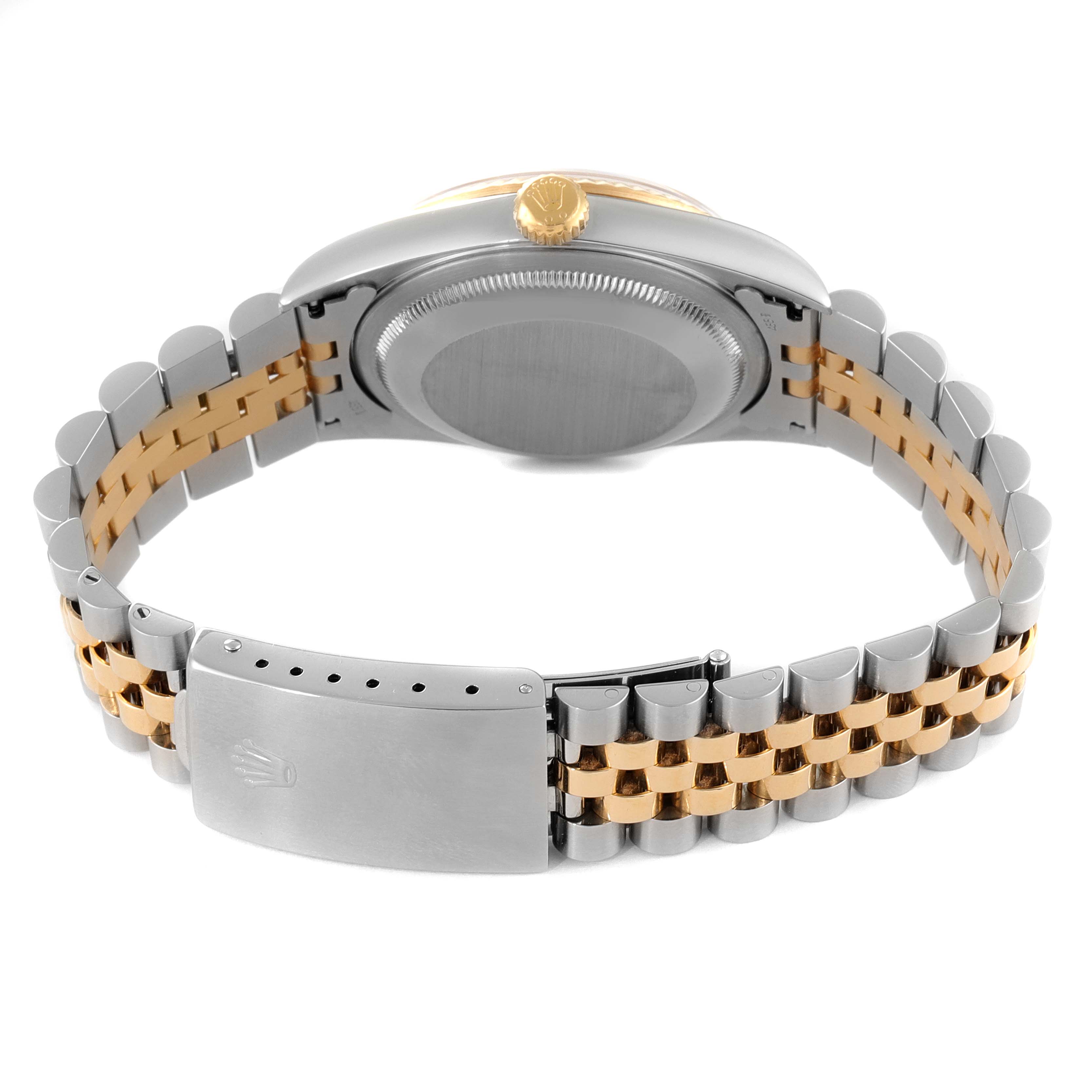 The image shows the back view of a Rolex Datejust 16233 Men's Steel and Gold (two tone) Black Dial 16233 Men's Steel and Gold (two tone) Black Dial watch, highlighting its stainless steel and gold jubilee bracelet and clasp.