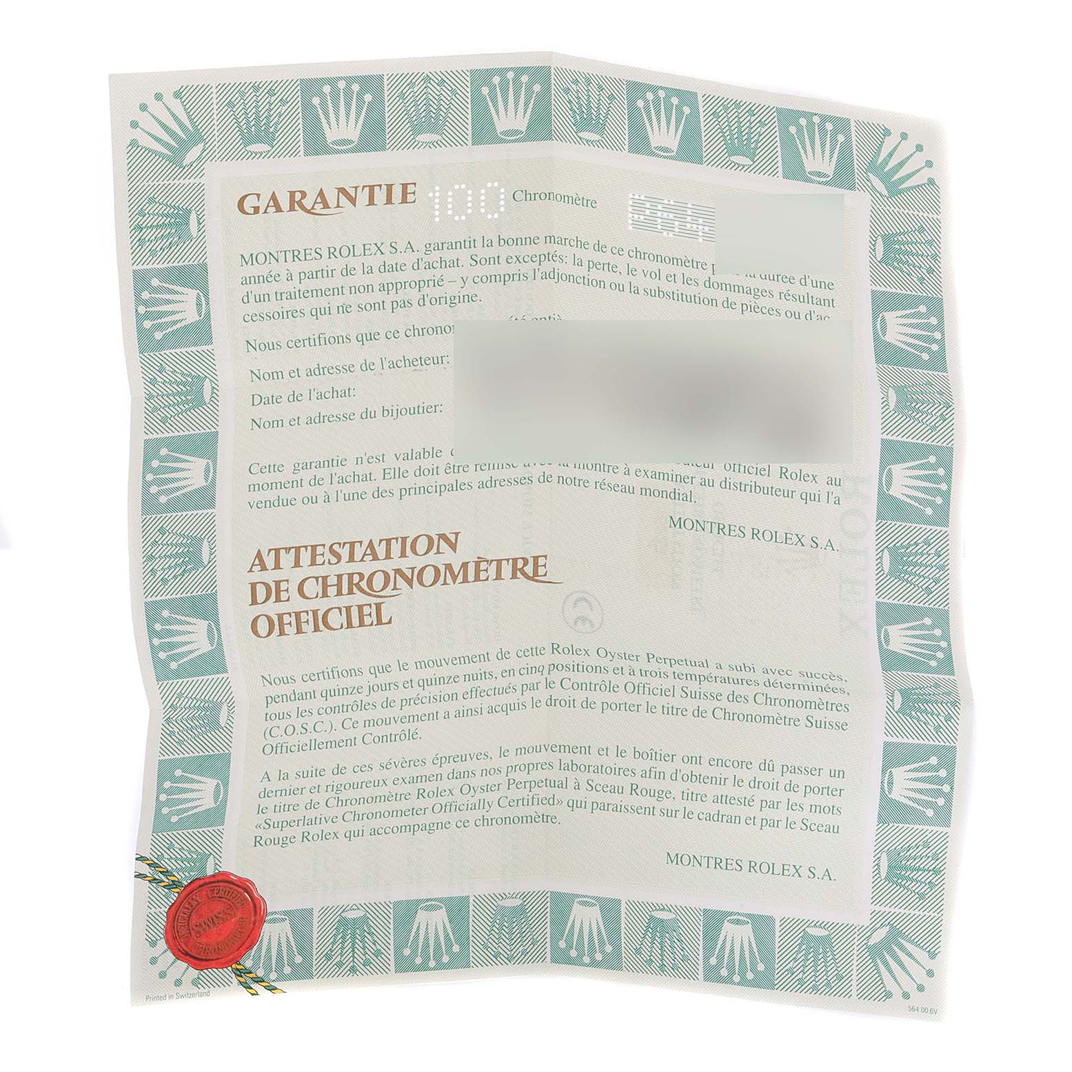 The image shows the warranty and official chronometer certification for the Rolex Datejust 16233 Men's Steel and Gold (two tone) Black Dial 16233 Men's Steel and Gold (two tone) Black Dial model.