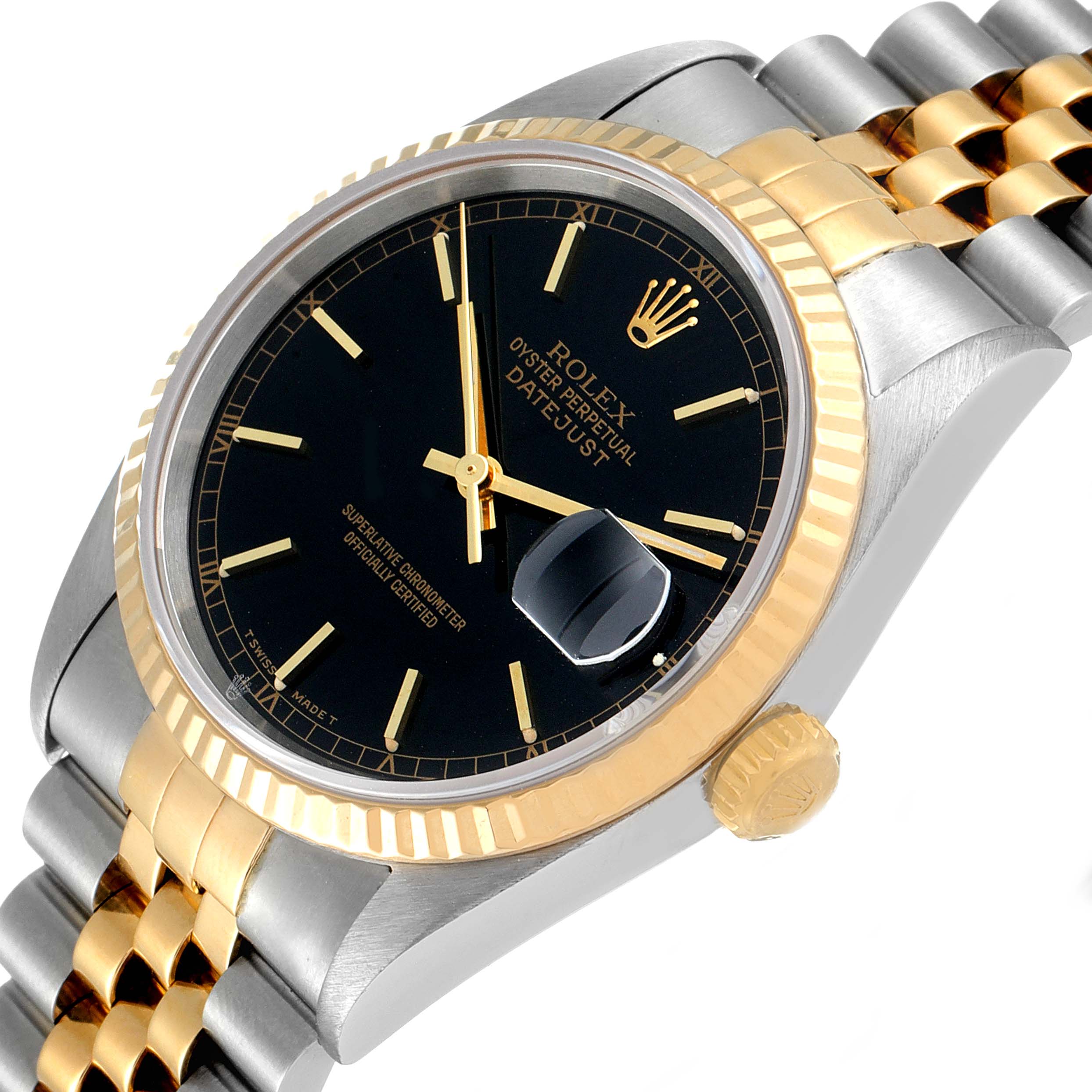 This image shows a Rolex Datejust 16233 Men's Steel and Gold (two tone) Black Dial 16233 Men's Steel and Gold (two tone) Black Dial watch with a black dial, two-tone bezel, and a Jubilee bracelet, angled slightly from the front and side.