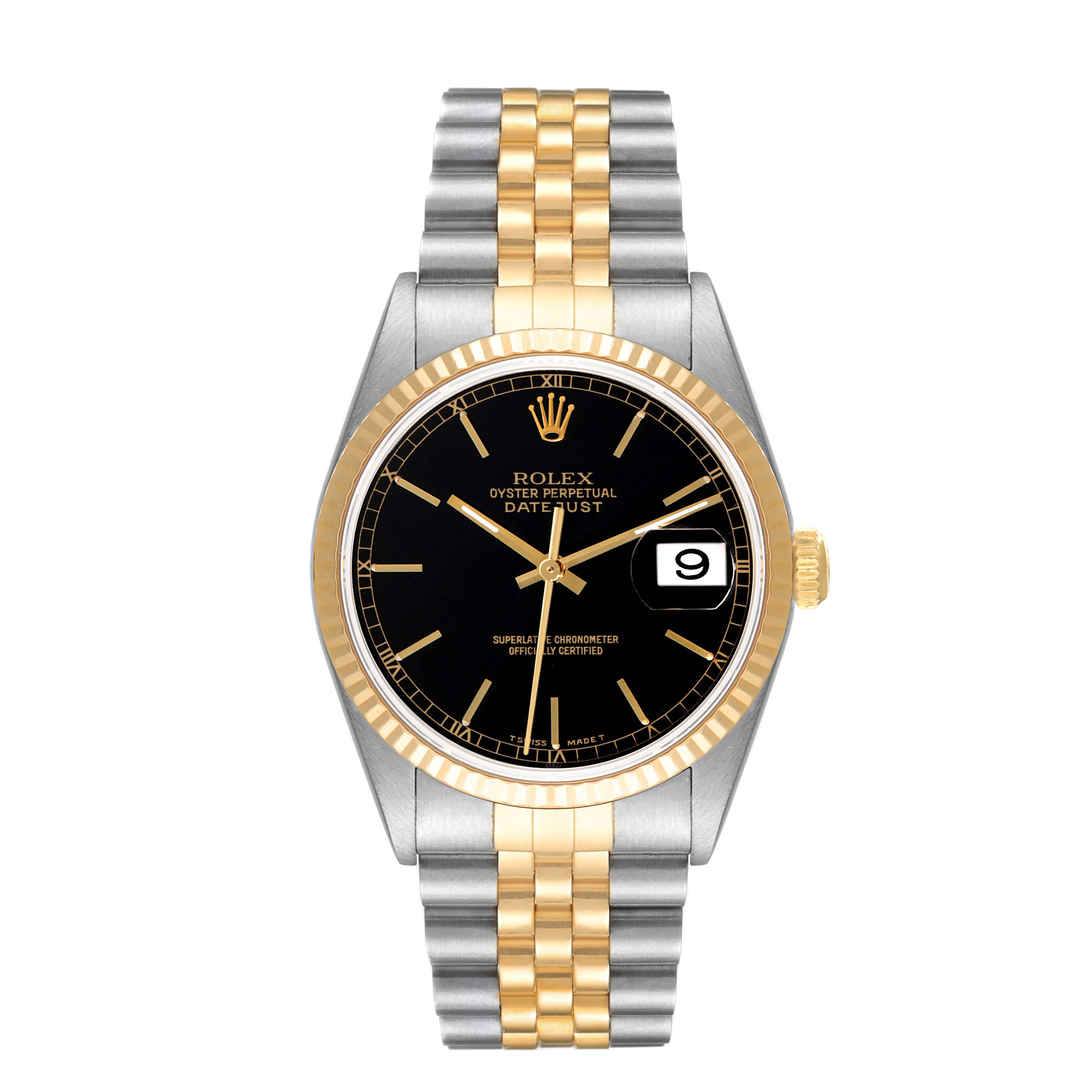 This Rolex Datejust 16233 Men's Steel and Gold (two tone) Black Dial 16233 Men's Steel and Gold (two tone) Black Dial watch is shown from the front, highlighting its black dial, gold and silver bracelet, and date display.