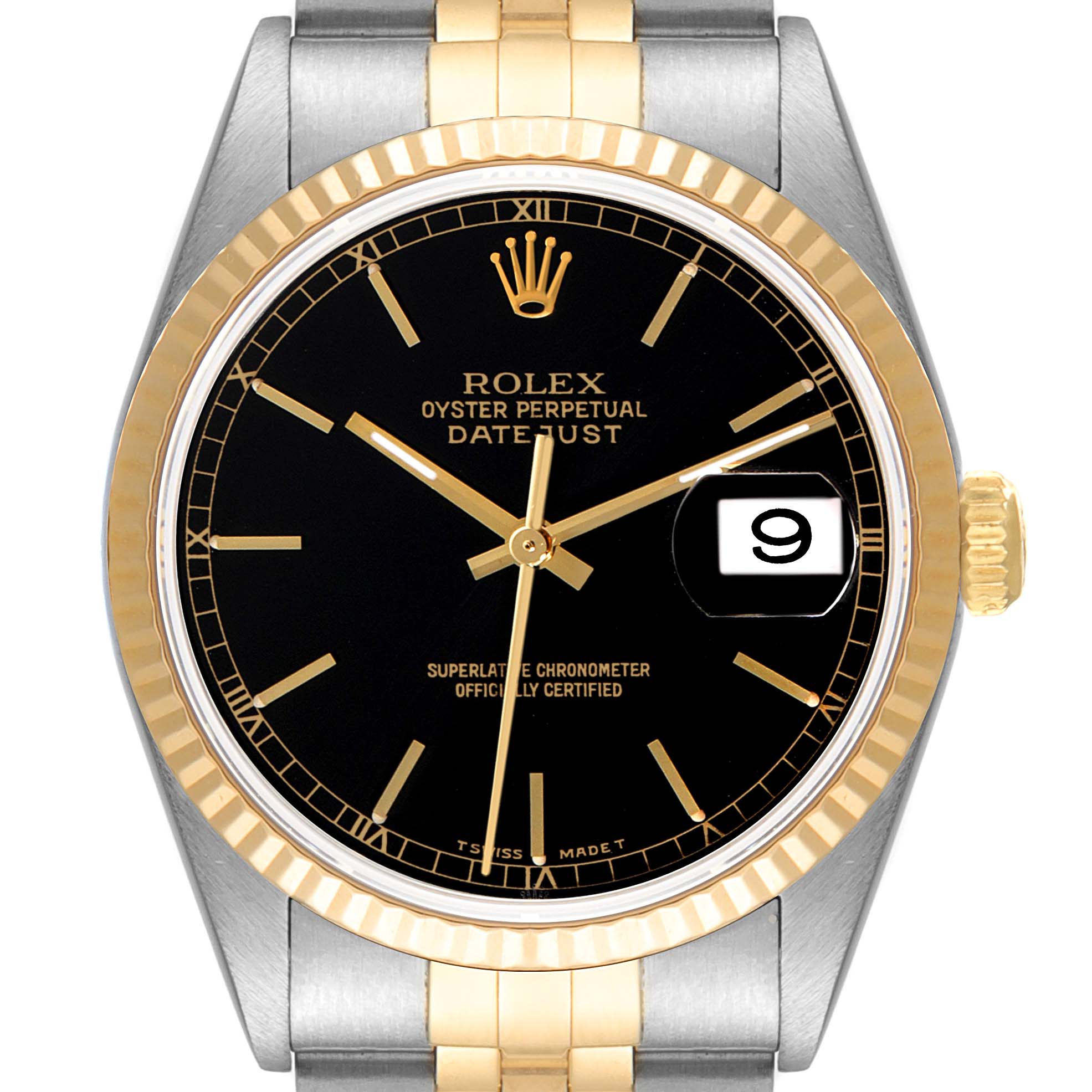 This Rolex Datejust 16233 Men's Steel and Gold (two tone) Black Dial 16233 Men's Steel and Gold (two tone) Black Dial model watch is shown straight on, highlighting the face, bezel, and part of the bracelet.
