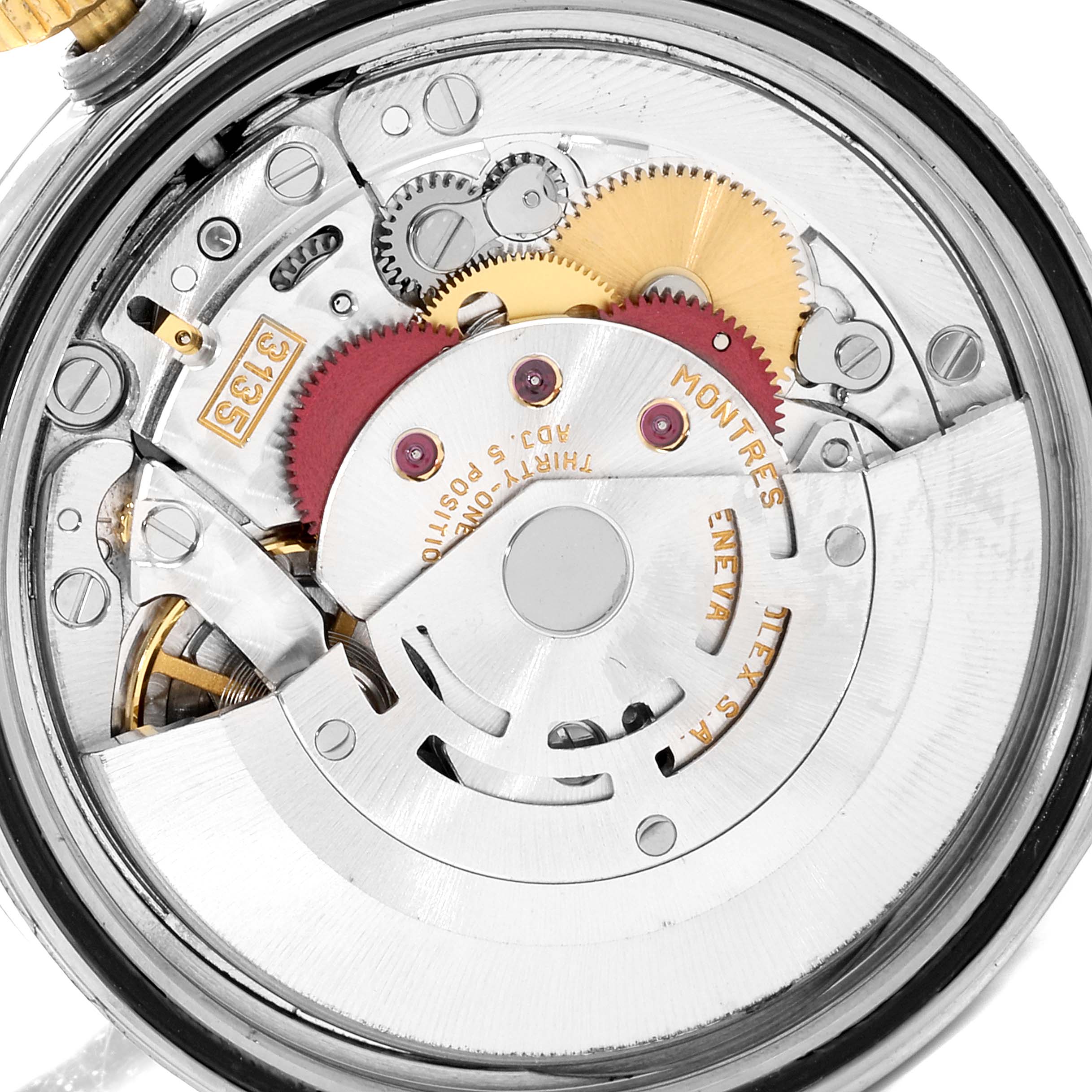 This image shows the intricate internal mechanism of a Rolex Datejust 16233 Men's Steel and Gold (two tone) Black Dial 16233 Men's Steel and Gold (two tone) Black Dial watch, viewed from the back.