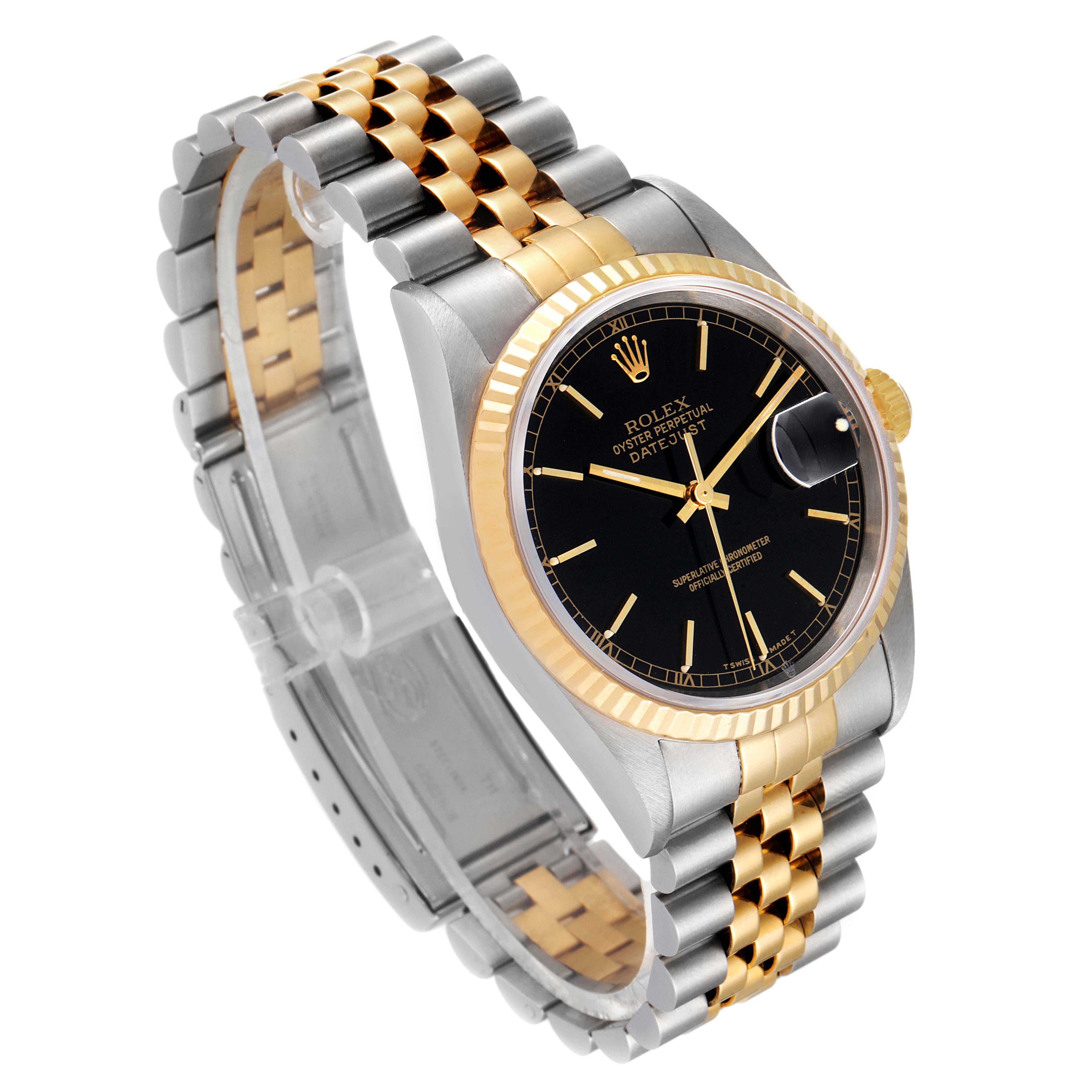 The image shows a Rolex Datejust 16233 Men's Steel and Gold (two tone) Black Dial 16233 Men's Steel and Gold (two tone) Black Dial watch angled to display the face, bezel, crown, and Jubilee bracelet.
