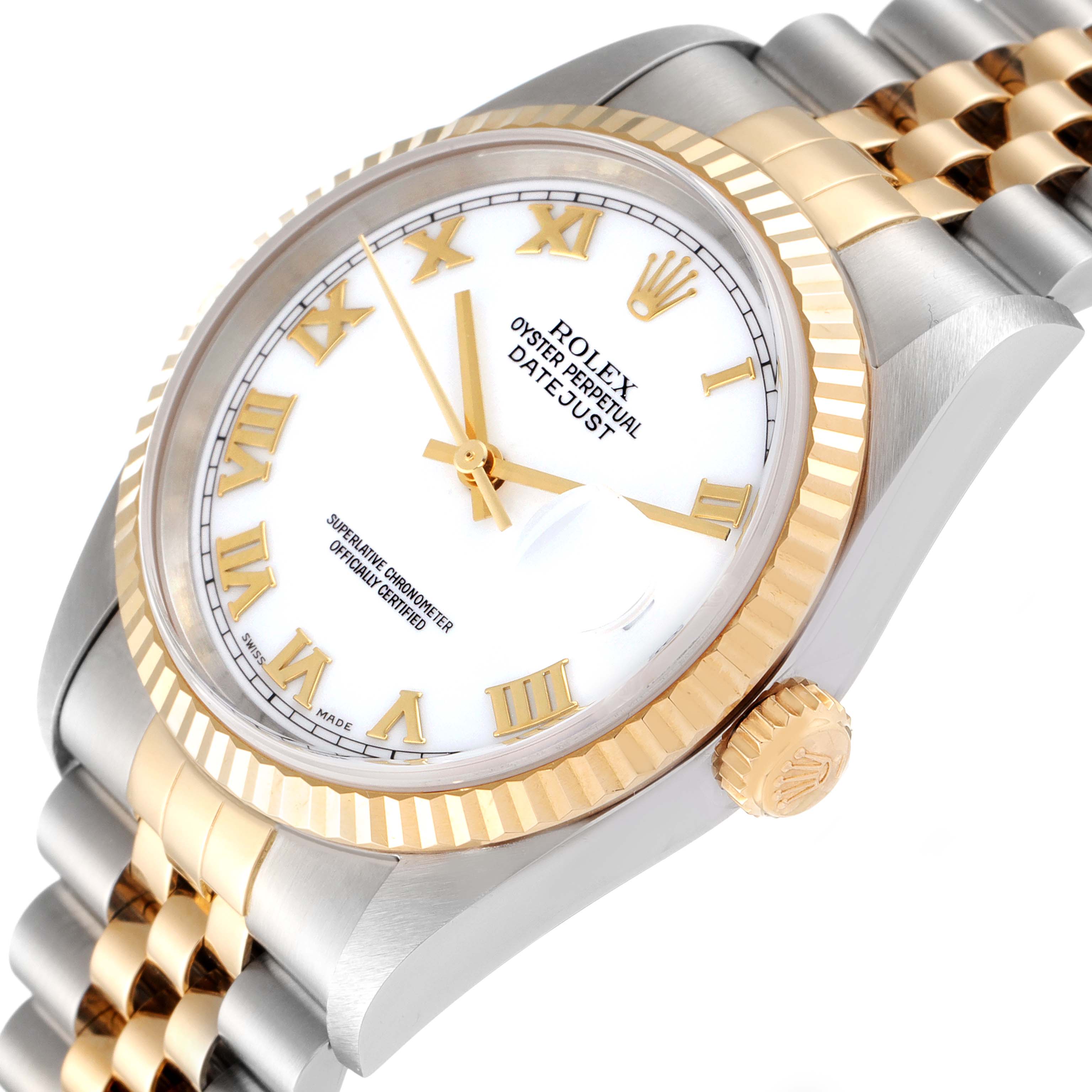 The Rolex Datejust 16233 Men's Steel and Gold (two tone) White Dial 16233 Men's Steel and Gold (two tone) White Dial watch is shown at a slightly angled close-up, highlighting the dial, bezel, crown, and part of the bracelet.