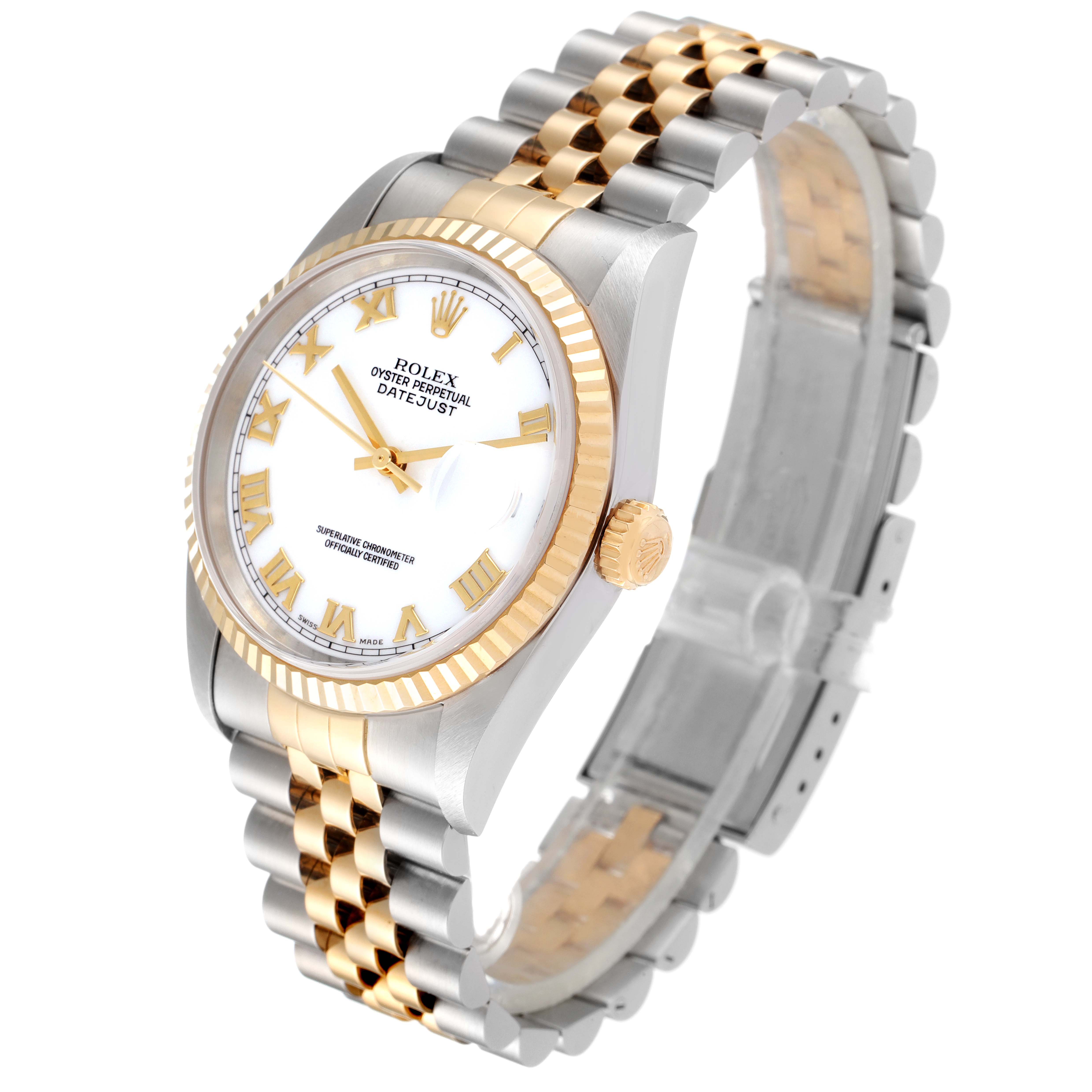 This image shows a Rolex Datejust 16233 Men's Steel and Gold (two tone) White Dial 16233 Men's Steel and Gold (two tone) White Dial model watch from a three-quarter angle, highlighting its face, bezel, crown, and bracelet.