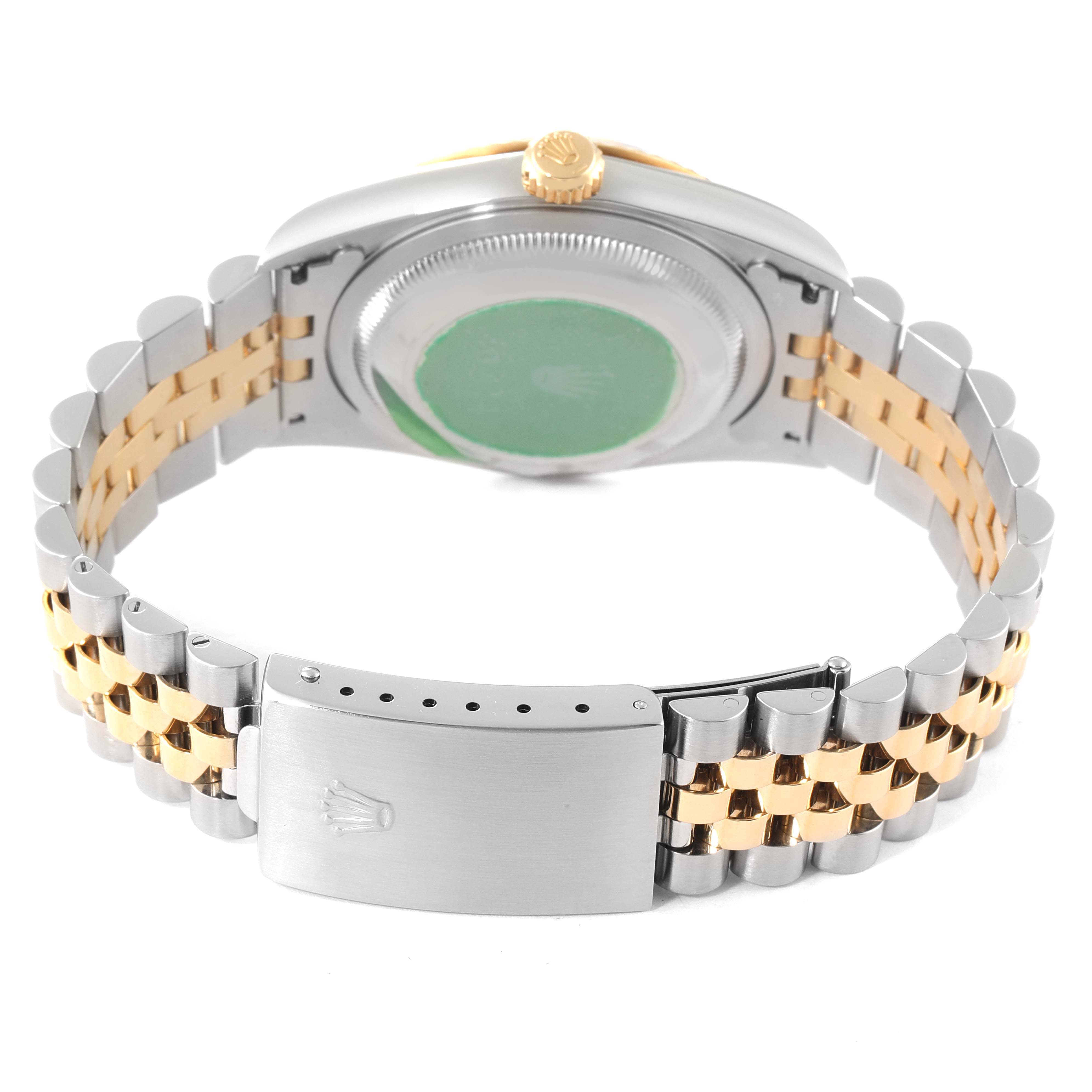 This image shows the back view and bracelet of a Rolex Datejust 16233 Men's Steel and Gold (two tone) White Dial 16233 Men's Steel and Gold (two tone) White Dial watch, focusing on the clasp and caseback.