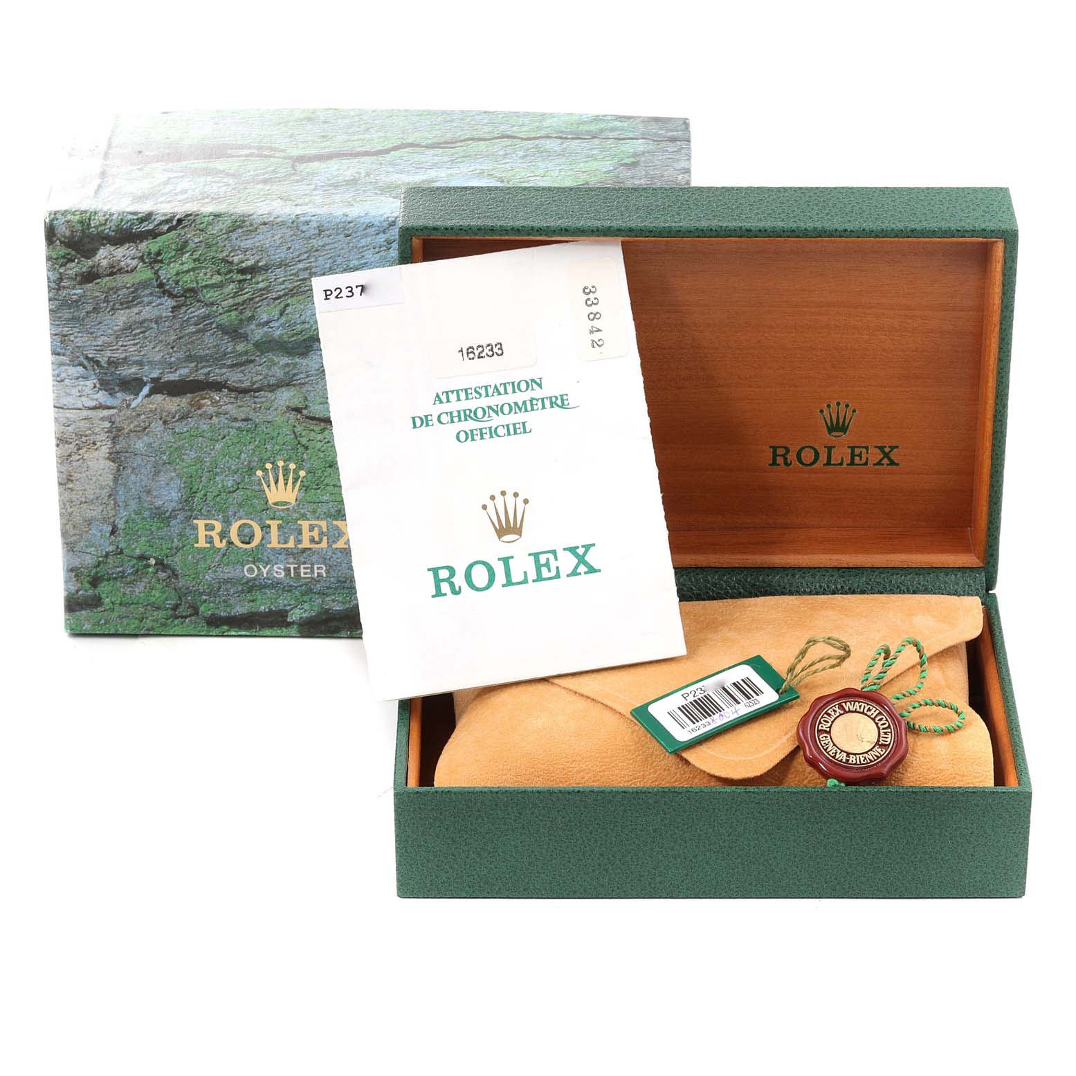 The image shows a Rolex Datejust 16233 Men's Steel and Gold (two tone) White Dial 16233 Men's Steel and Gold (two tone) White Dial packaging box, certificate, tag, and suede pouch from a top-front angle.