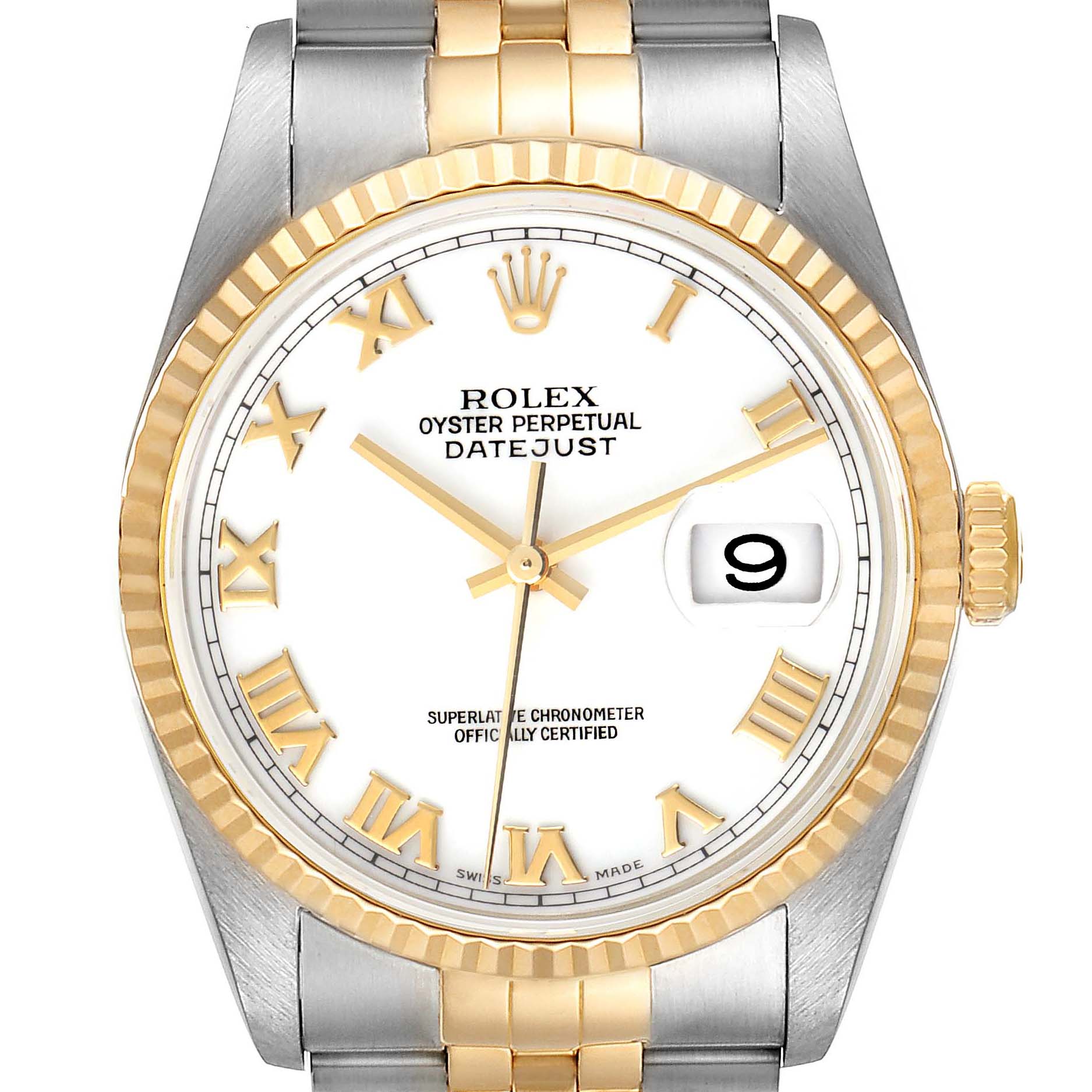 This is a close-up, front view of a Rolex Datejust 16233 Men's Steel and Gold (two tone) White Dial 16233 Men's Steel and Gold (two tone) White Dial watch, showing the face, bezel, crown, and parts of the bracelet.