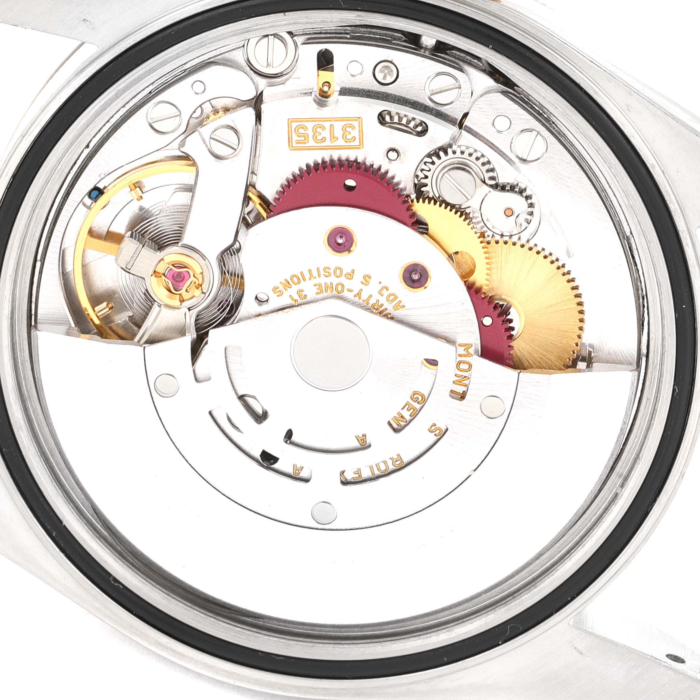 This image shows the internal mechanical movement of the Rolex Datejust 16233 Men's Steel and Gold (two tone) White Dial 16233 Men's Steel and Gold (two tone) White Dial watch from a top-down angle.