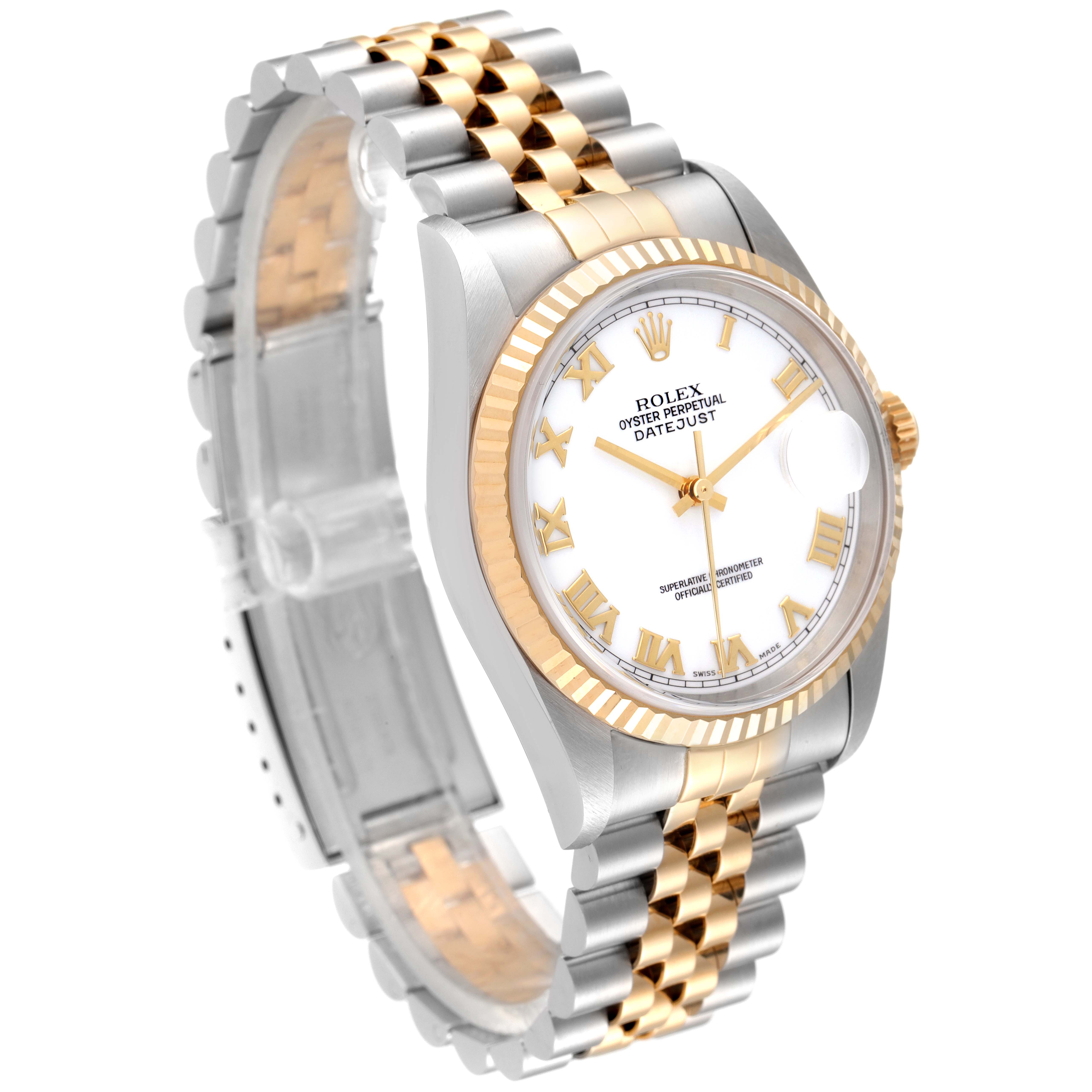 This Rolex Datejust 16233 Men's Steel and Gold (two tone) White Dial 16233 Men's Steel and Gold (two tone) White Dial watch is shown at a three-quarter angle, highlighting its two-tone jubilee bracelet and fluted bezel.