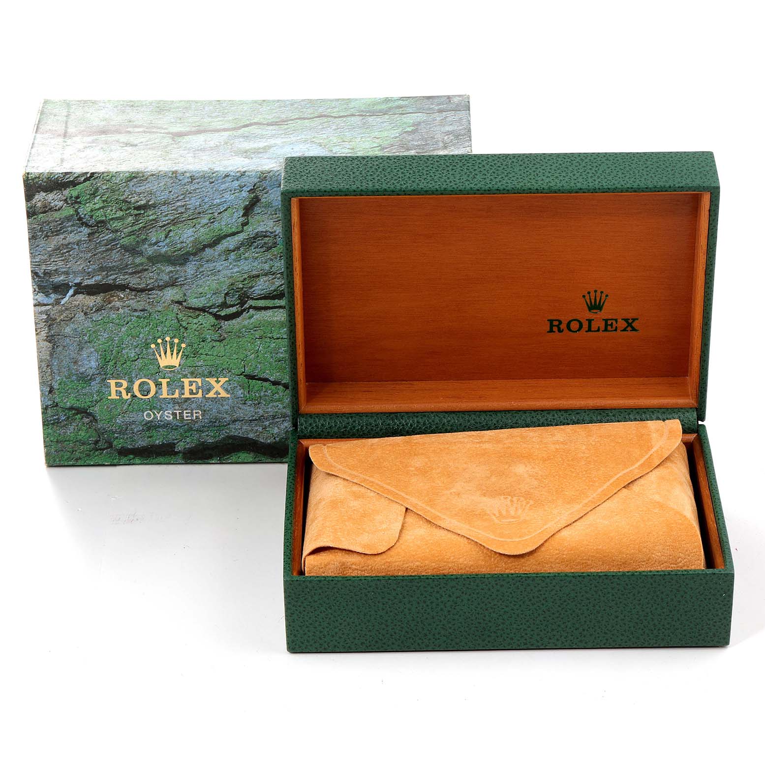 The image shows a Rolex Datejust 16233 Men's Steel and Gold (two tone) Blue Dial 16233 Men's Steel and Gold (two tone) Blue Dial watch box with a green exterior, and wooden interior, containing a suede watch pouch.