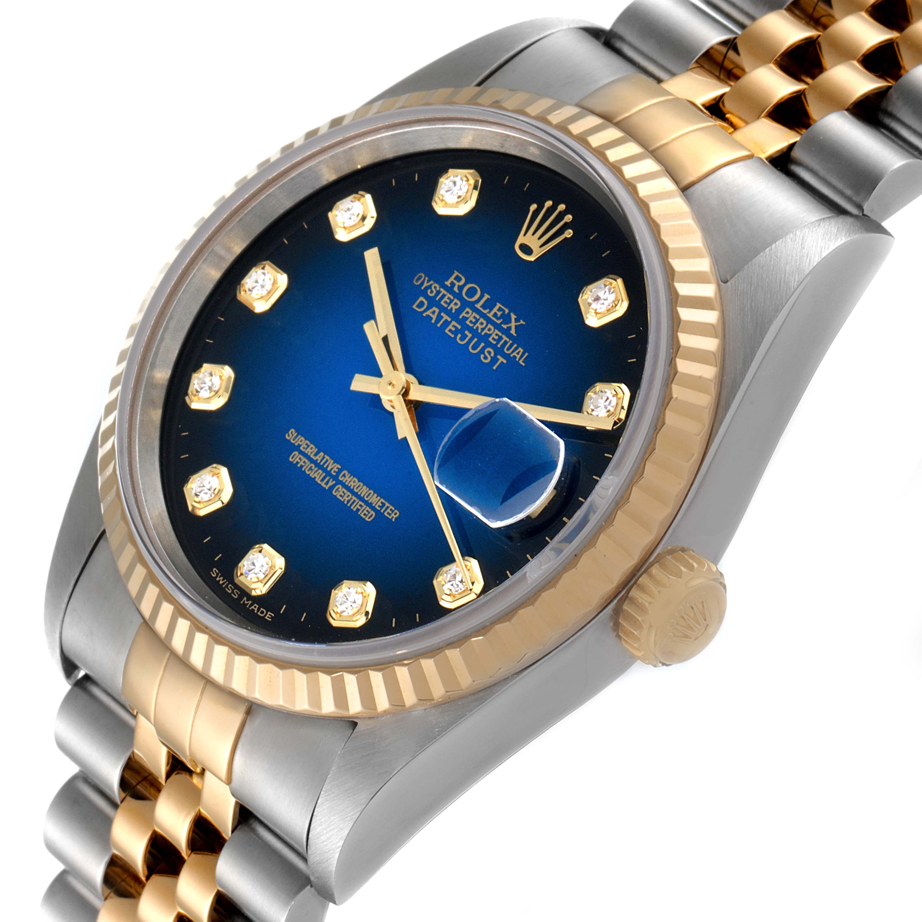 This image shows a close-up angled view of a Rolex Datejust 16233 Men's Steel and Gold (two tone) Blue Dial 16233 Men's Steel and Gold (two tone) Blue Dial watch, highlighting the dial, bezel, and part of the bracelet.