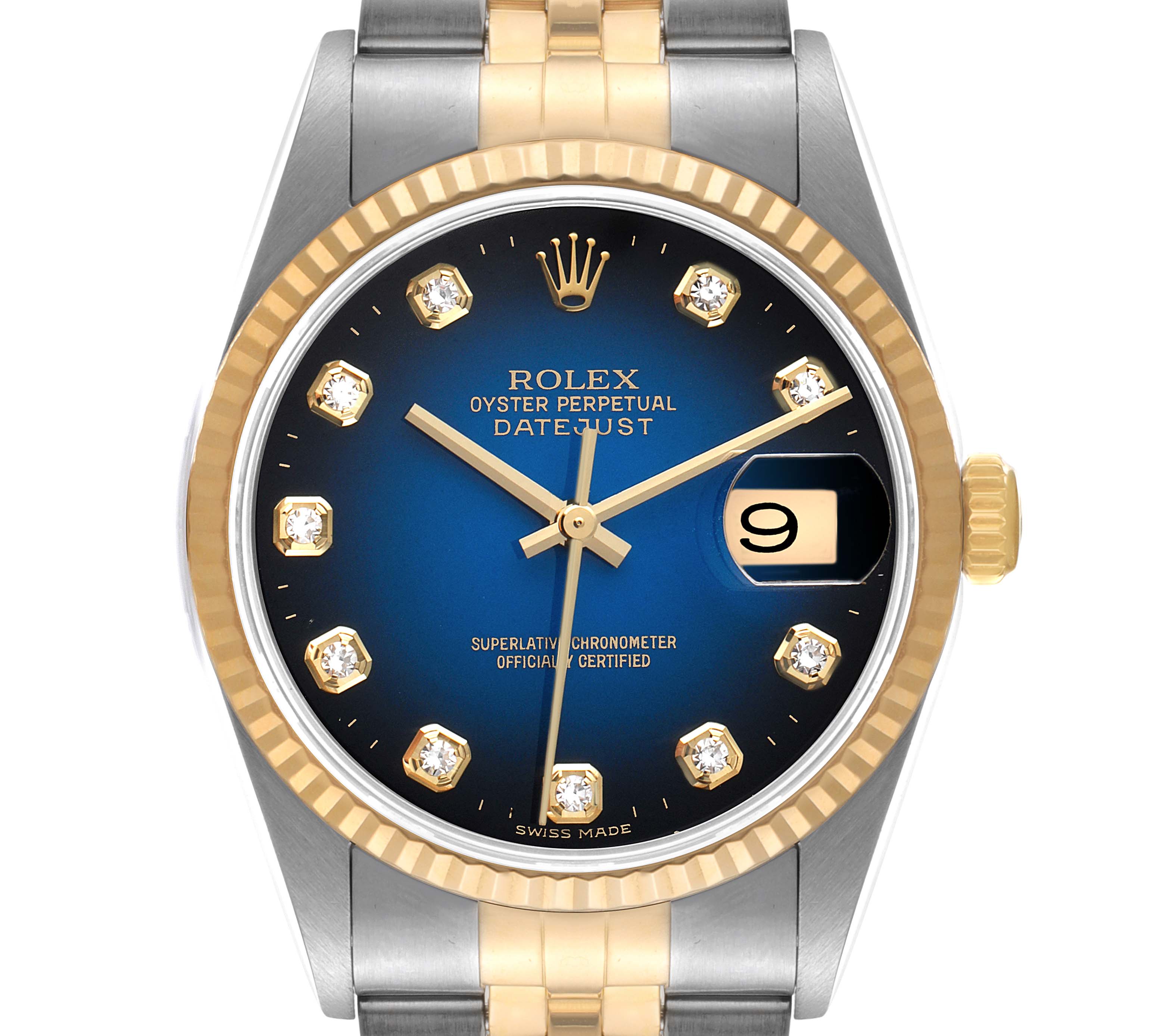 The image shows a front view of a Rolex Datejust 16233 Men's Steel and Gold (two tone) Blue Dial 16233 Men's Steel and Gold (two tone) Blue Dial watch, featuring a blue dial, gold hour markers, and a two-tone band.
