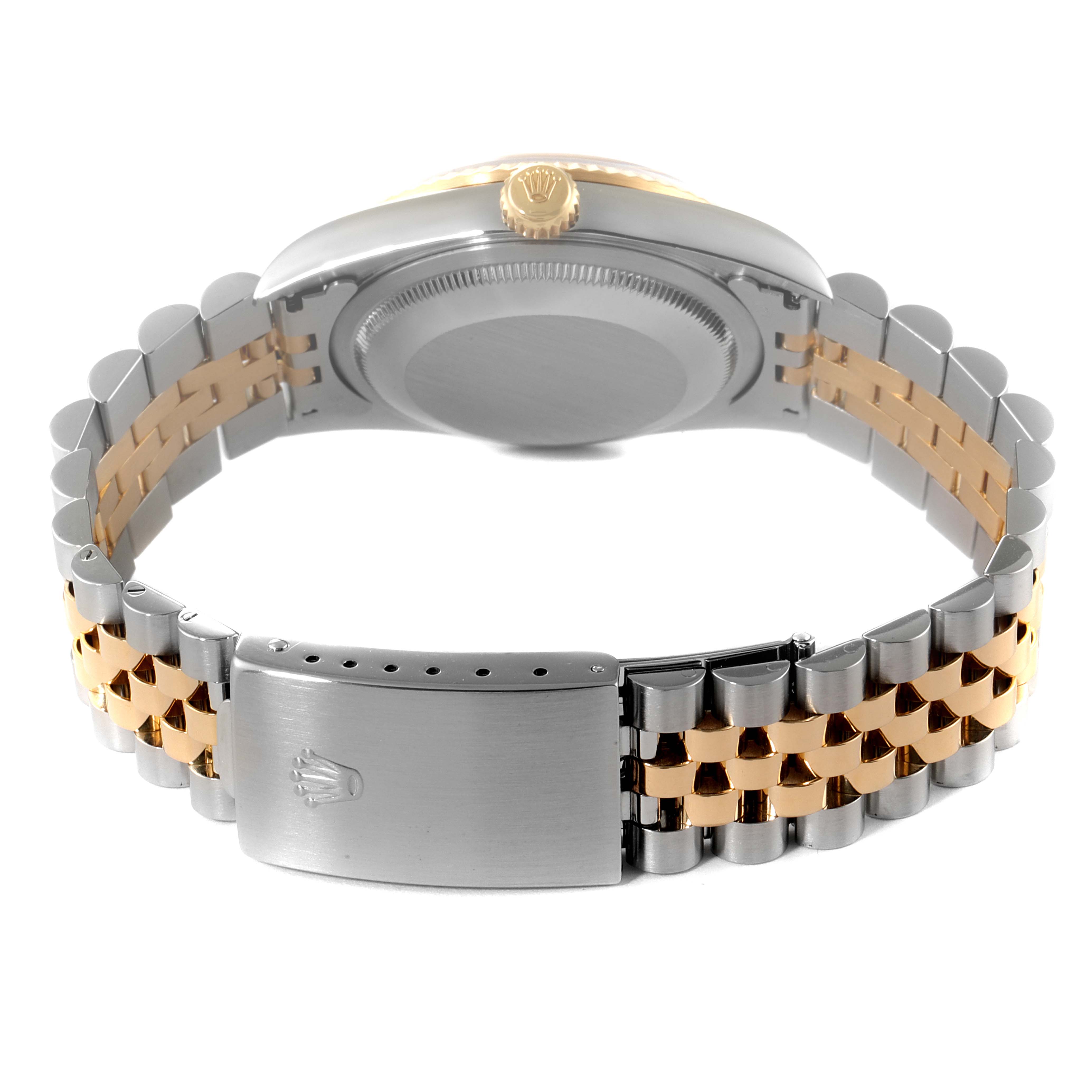 The image shows the back and band of a Rolex Datejust 16233 Men's Steel and Gold (two tone) Blue Dial 16233 Men's Steel and Gold (two tone) Blue Dial watch, highlighting the clasp and screw-down case back.