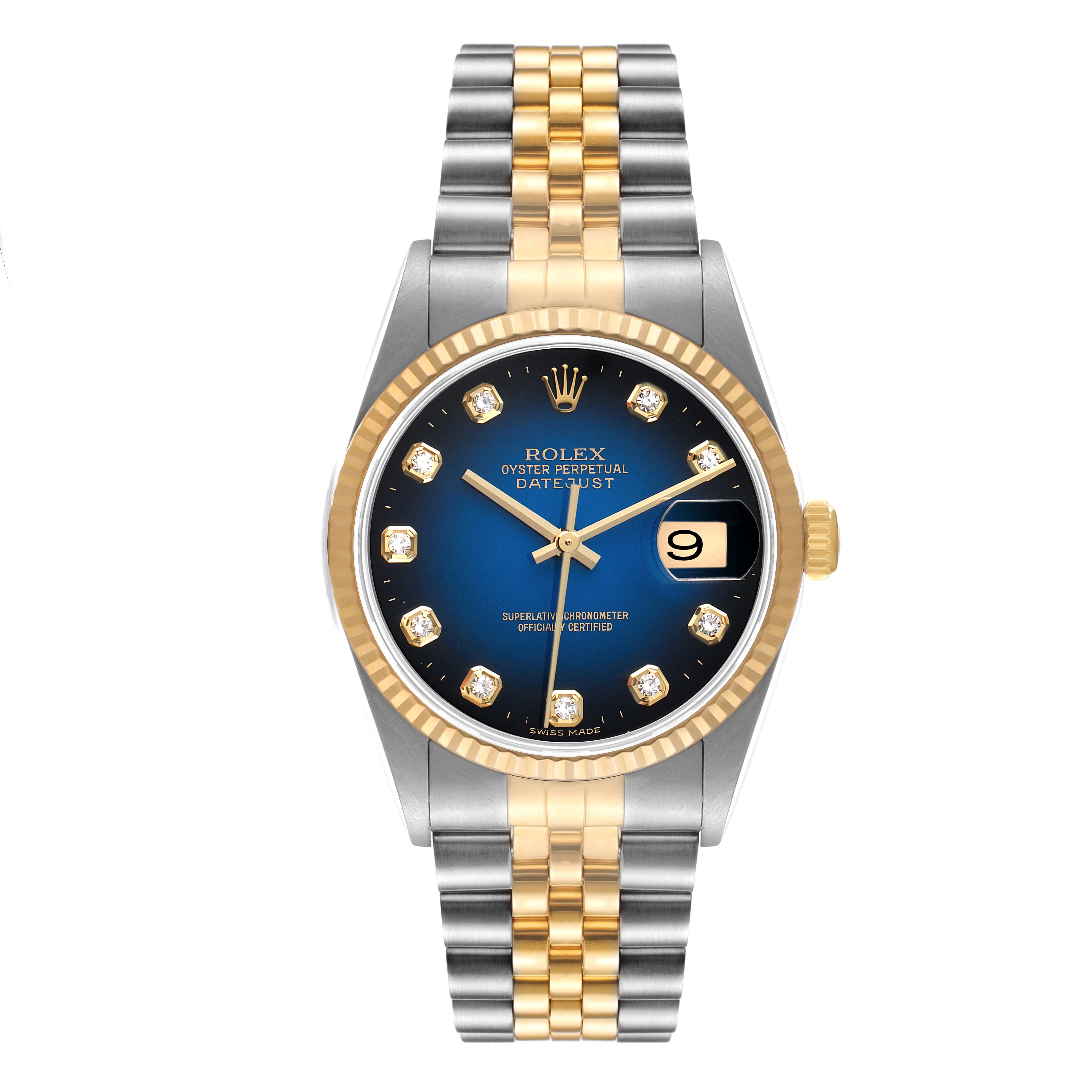 This Rolex Datejust 16233 Men's Steel and Gold (two tone) Blue Dial 16233 Men's Steel and Gold (two tone) Blue Dial watch is shown from a front angle, displaying its dual-tone bracelet, blue dial, diamond hour markers, and date window.