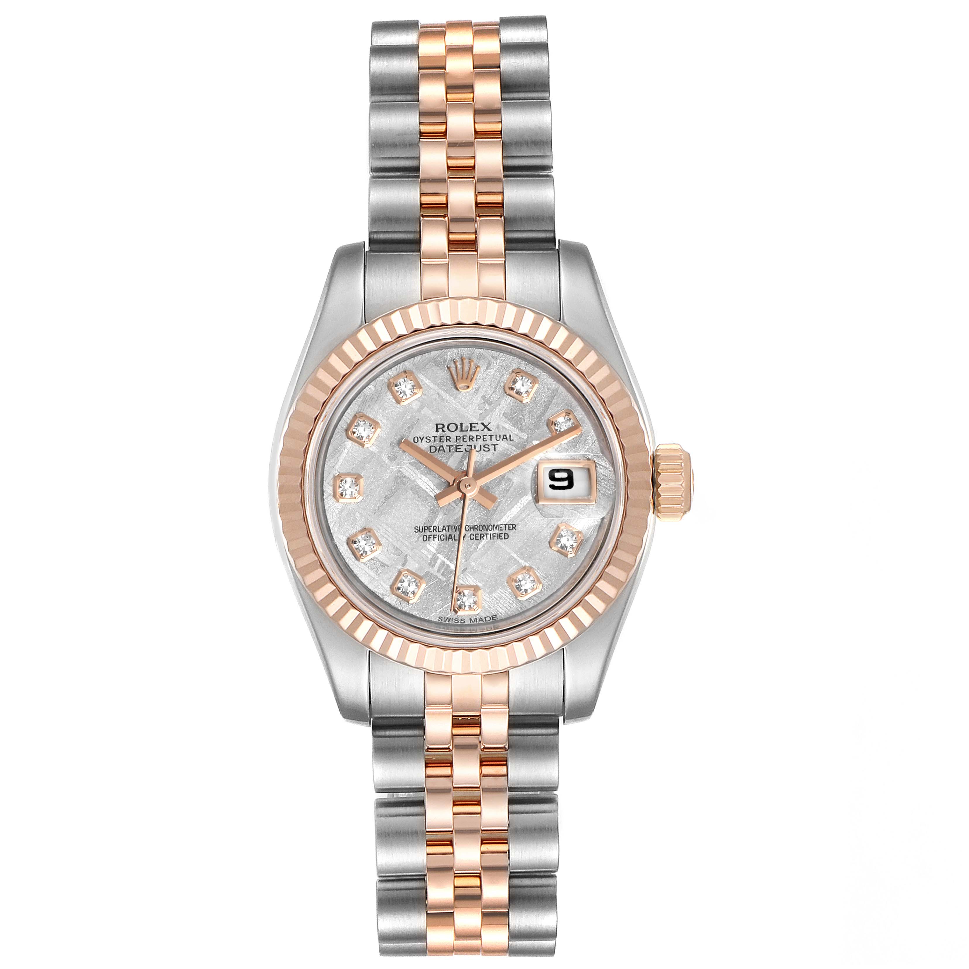 The image shows a Rolex Datejust 179171 Women's Rose Gold Silver Dial 179171 Women's Rose Gold Silver Dial watch from a top-down angle, displaying its dial, bezel, and two-tone bracelet.