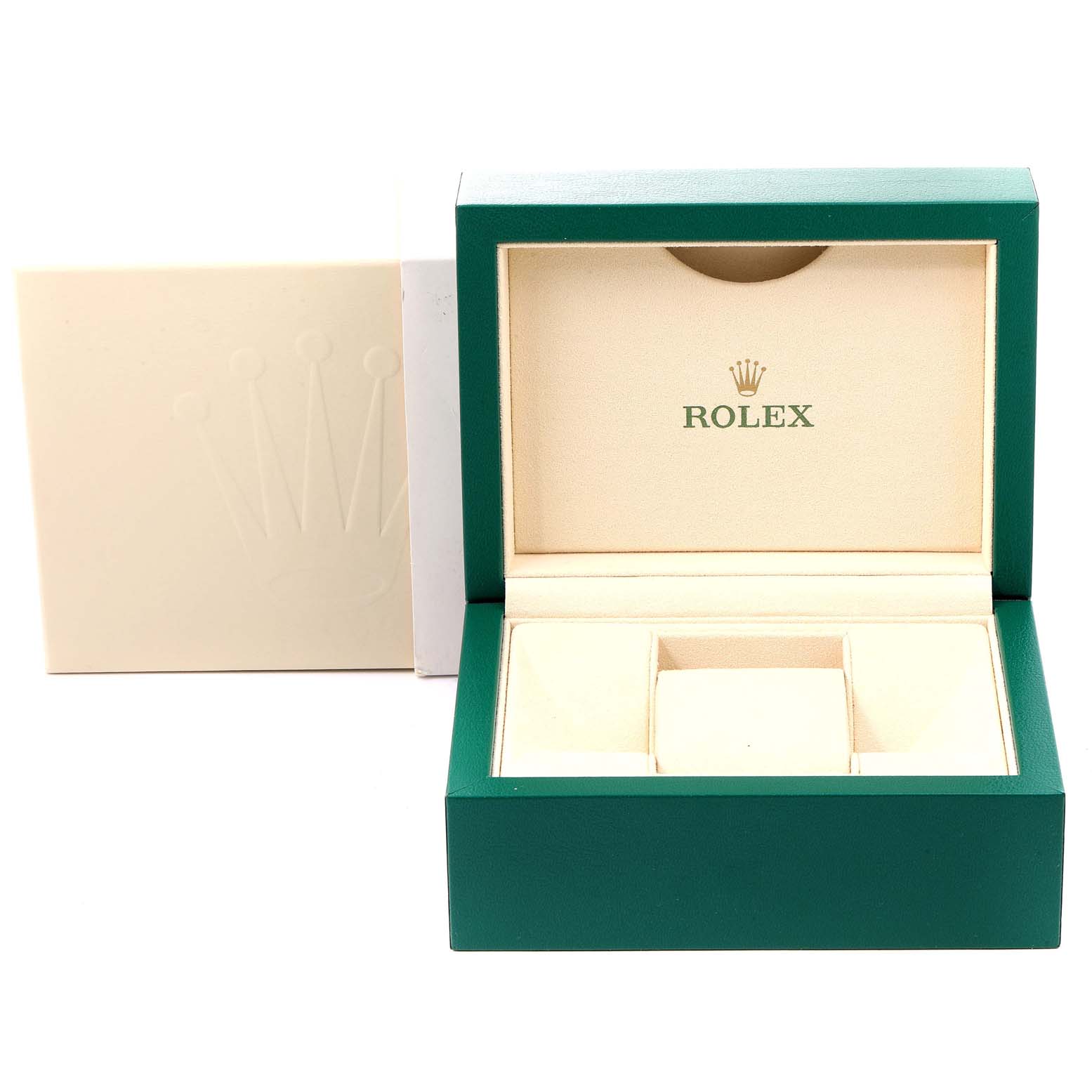 This image shows an open Rolex Datejust 179171 Women's Rose Gold Silver Dial 179171 Women's Rose Gold Silver Dial watch box with the outer cream-colored sleeve next to it.