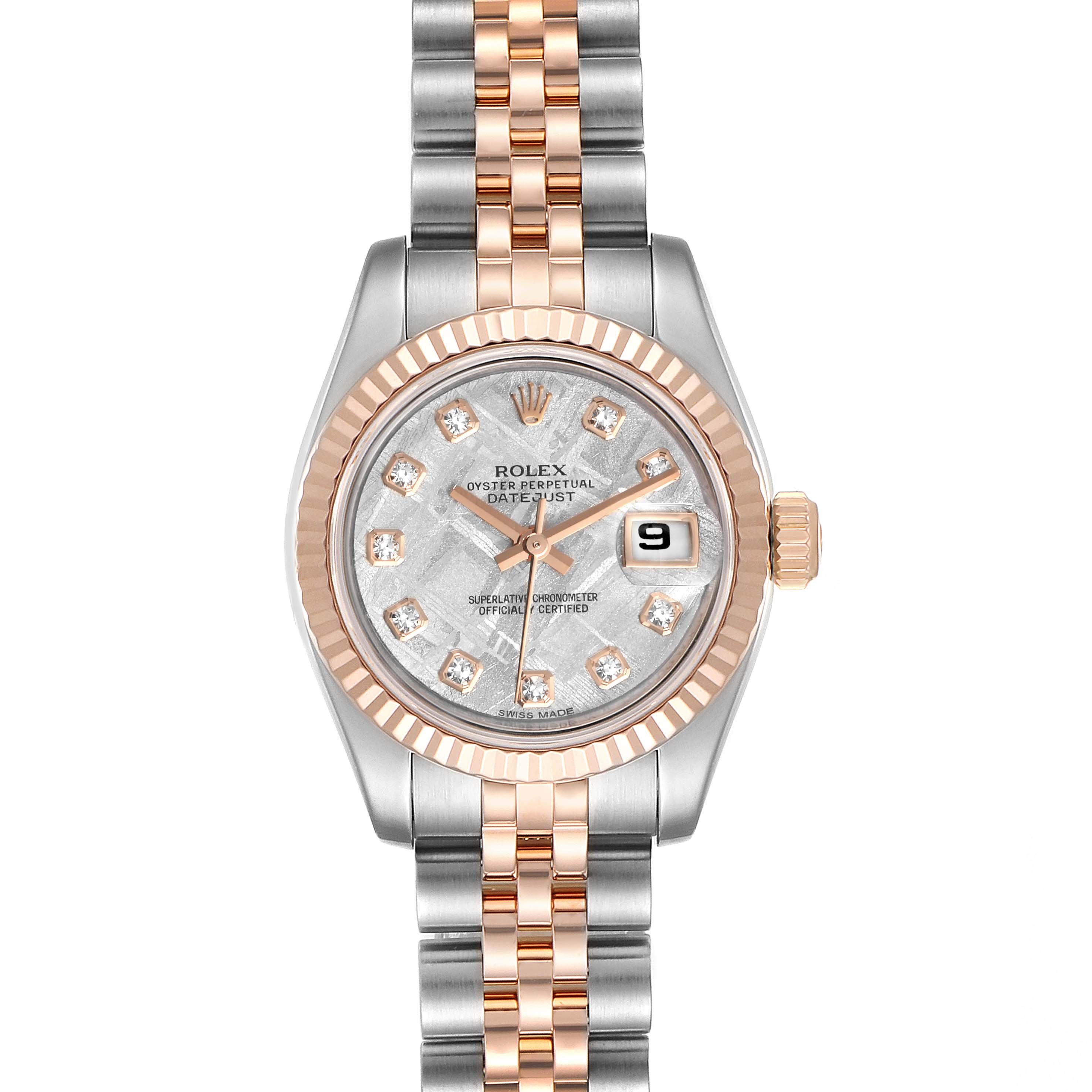 This Rolex Datejust 179171 Women's Rose Gold Silver Dial 179171 Women's Rose Gold Silver Dial watch is shown from a front angle, displaying the dial, bezel, crown, and bracelet.