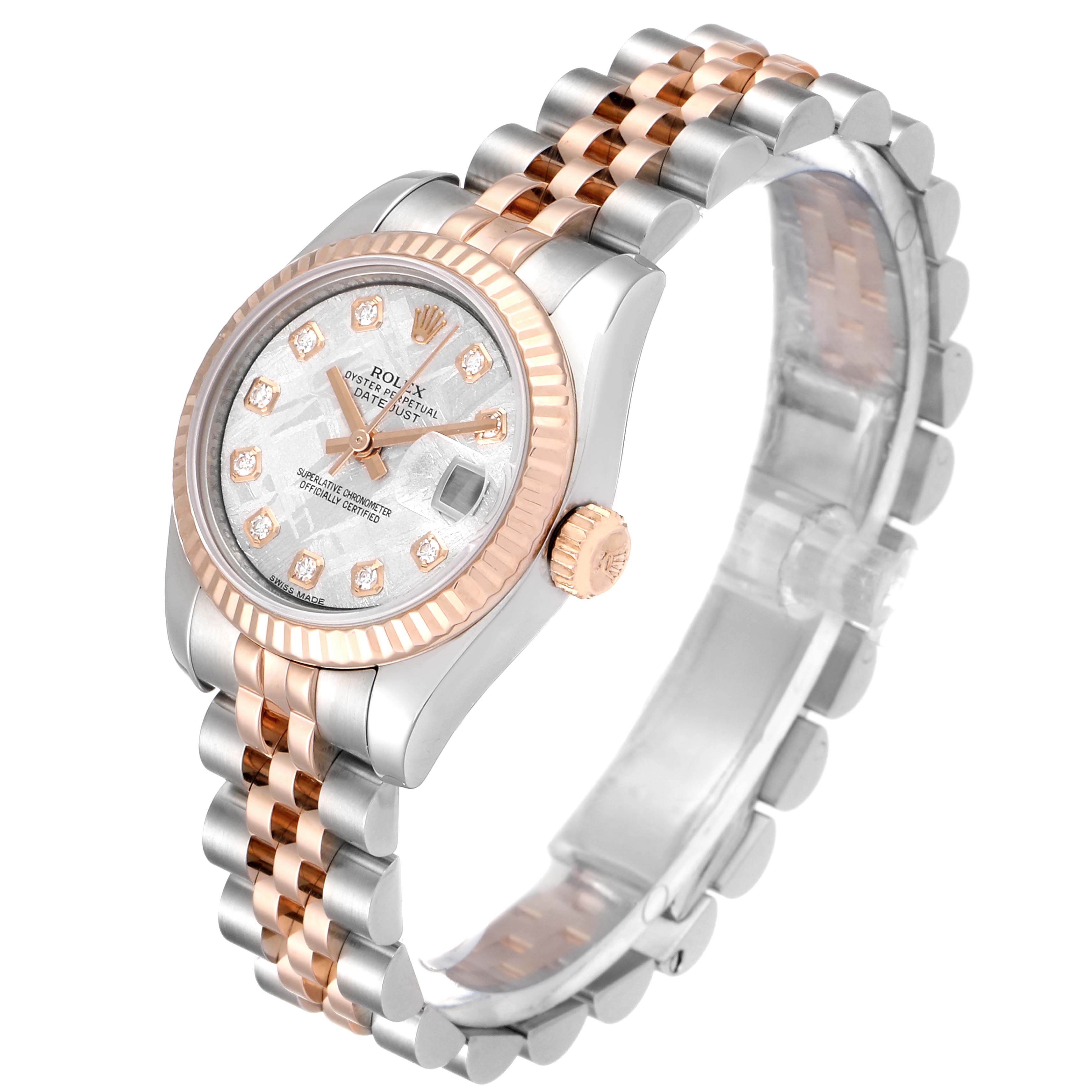 The image shows a Rolex Datejust 179171 Women's Rose Gold Silver Dial 179171 Women's Rose Gold Silver Dial watch at a three-quarter angle, highlighting the two-tone bracelet, bezel, crown, and diamond dial.