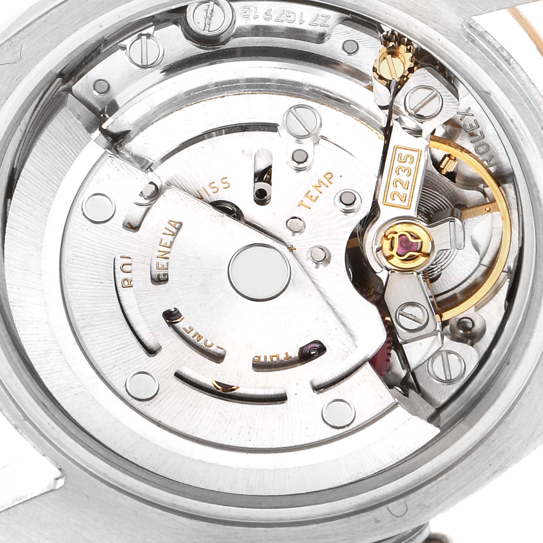 This image shows the intricate internal mechanism of a Rolex Datejust 179171 Women's Rose Gold Silver Dial 179171 Women's Rose Gold Silver Dial, highlighting its movement parts from a top-down angle.