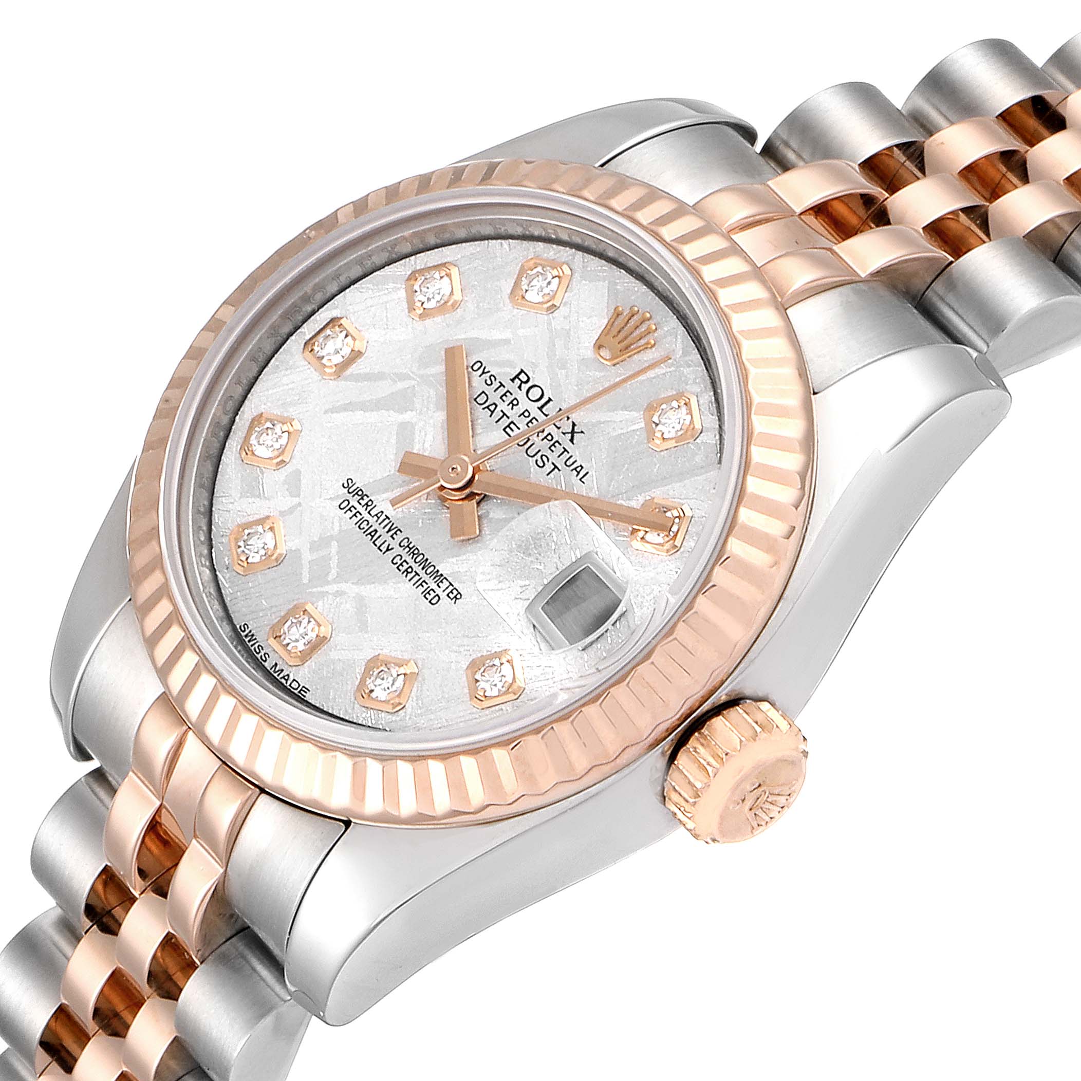 The image shows a Rolex Datejust 179171 Women's Rose Gold Silver Dial 179171 Women's Rose Gold Silver Dial watch at an oblique angle, highlighting the dial, bezel, crown, and part of the bracelet.