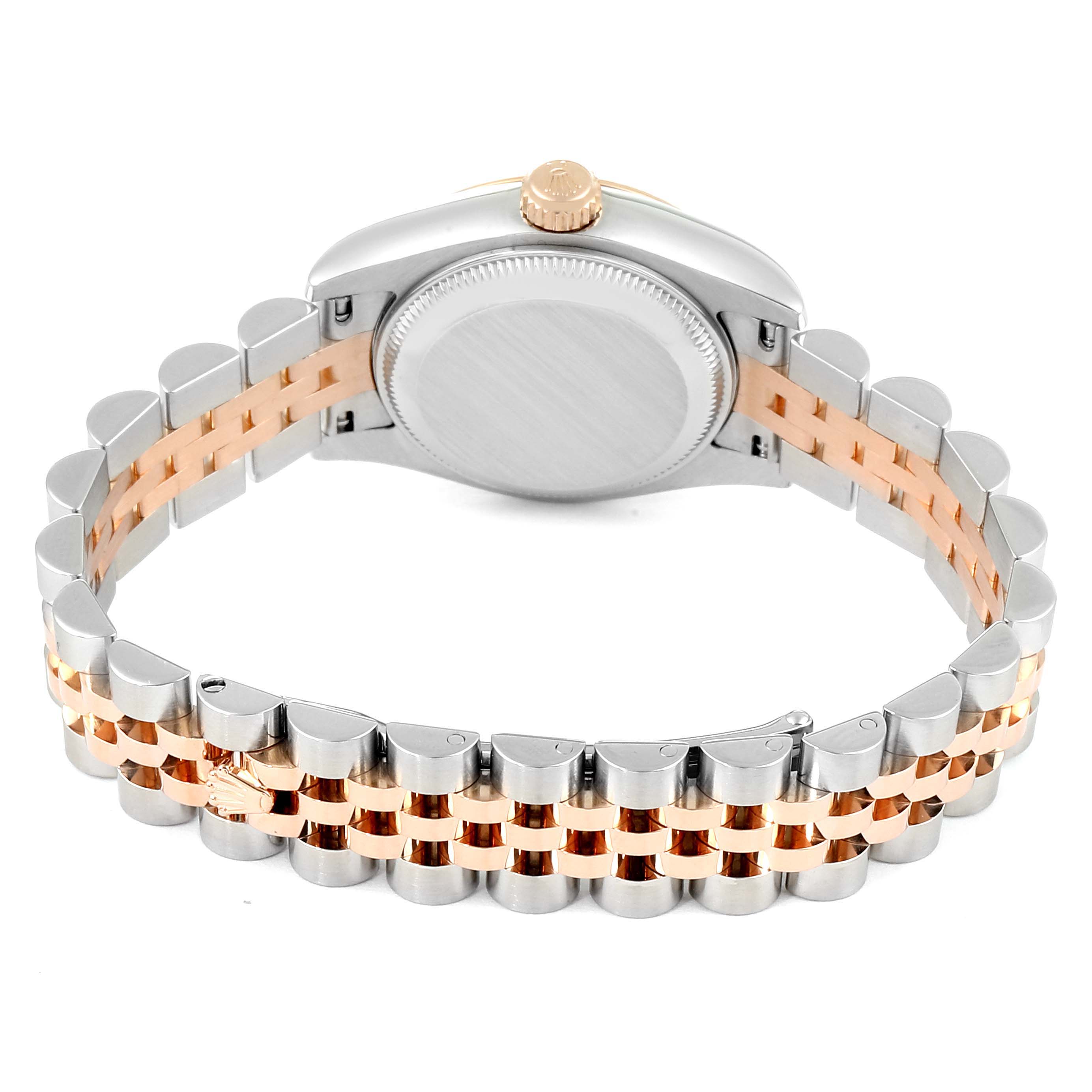 The image shows the back side and bracelet of a Rolex Datejust 179171 Women's Rose Gold Silver Dial 179171 Women's Rose Gold Silver Dial watch, featuring a two-tone silver and rose gold Jubilee band.