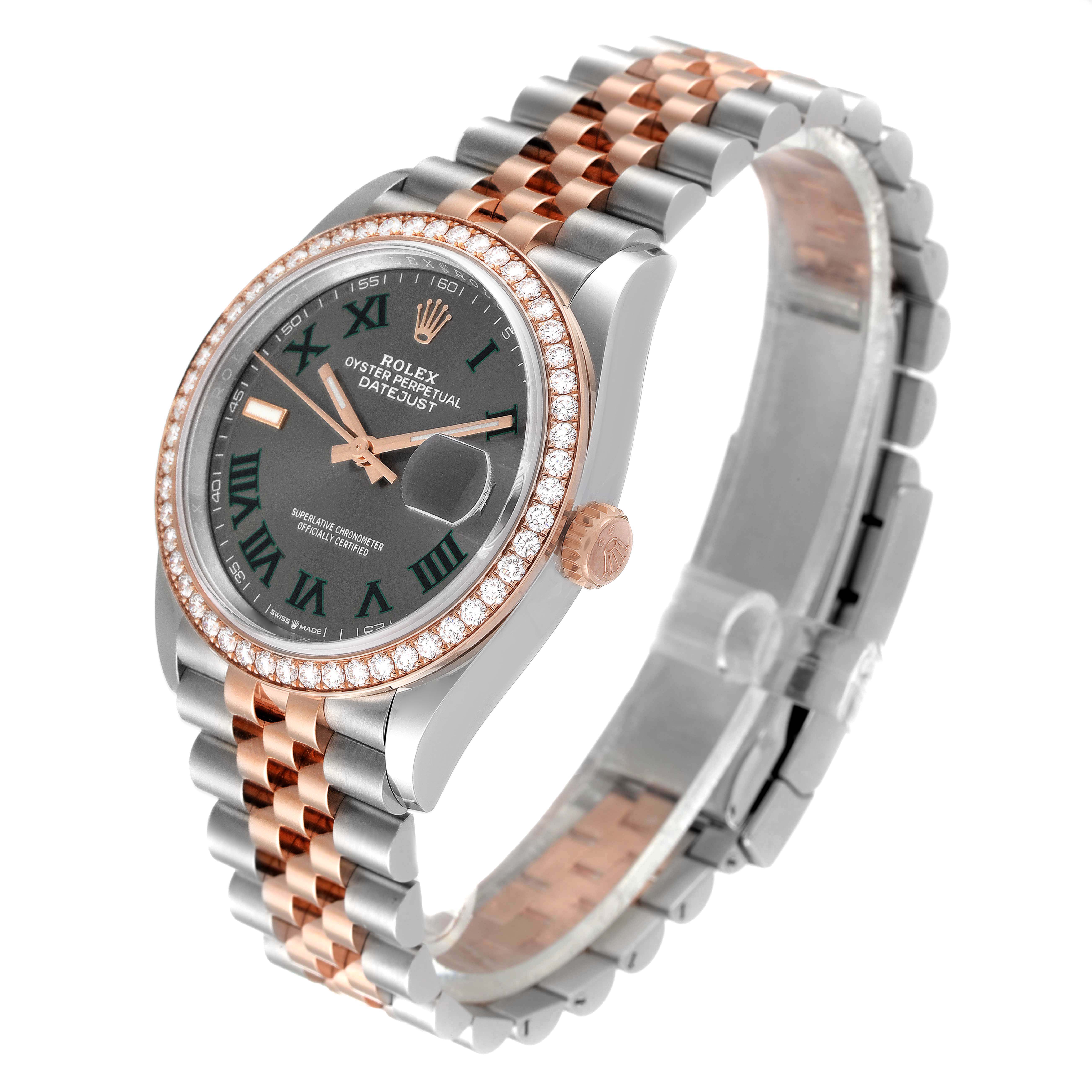 This image shows a Rolex Datejust 126281 Men's Steel and Gold (two tone) Grey Dial 126281 Men's Steel and Gold (two tone) Grey Dial watch from an angled view, highlighting its face, bezel, case, and two-tone bracelet.