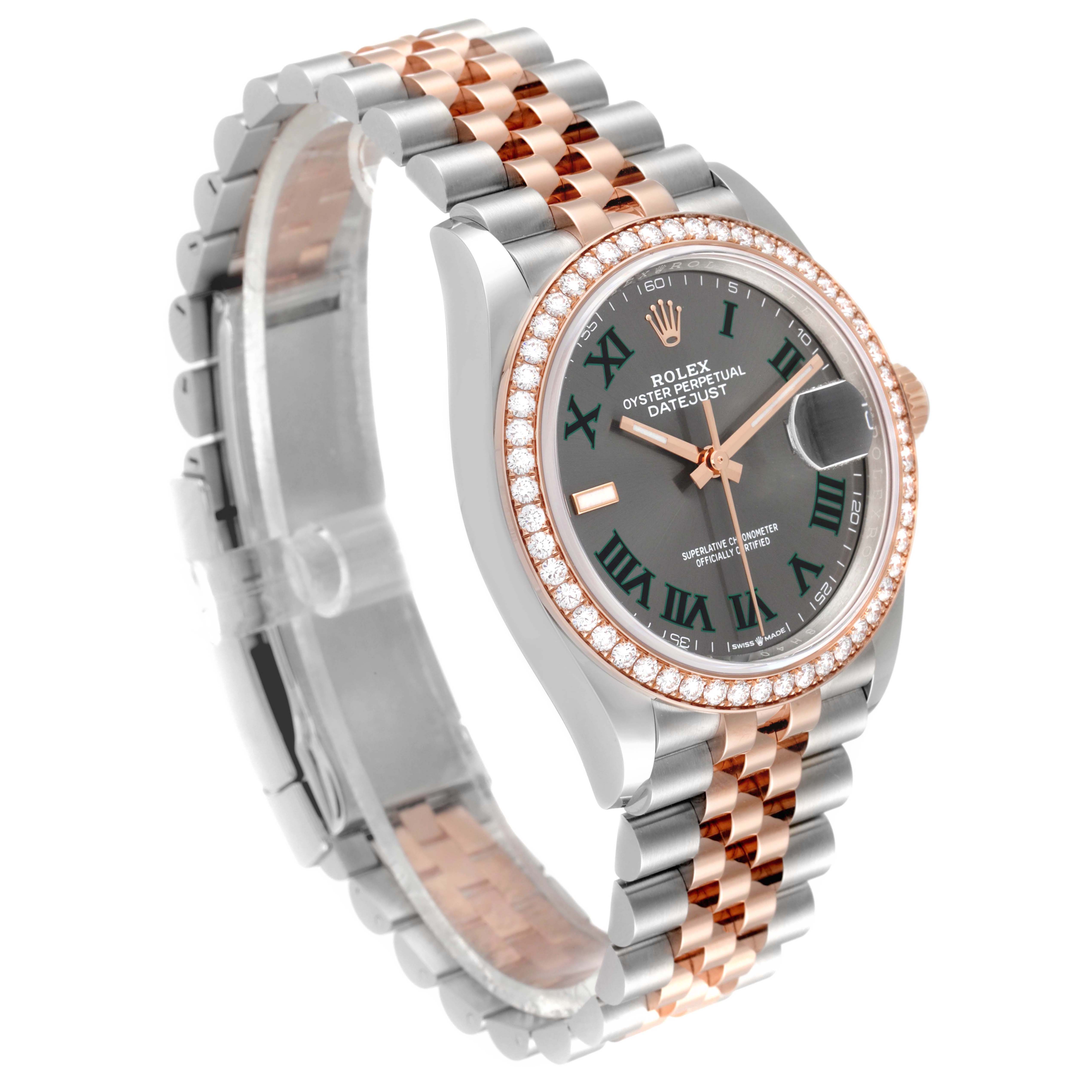 The image shows a Rolex Datejust 126281 Men's Steel and Gold (two tone) Grey Dial 126281 Men's Steel and Gold (two tone) Grey Dial watch from an oblique angle, highlighting the face, bezel, and two-tone bracelet.