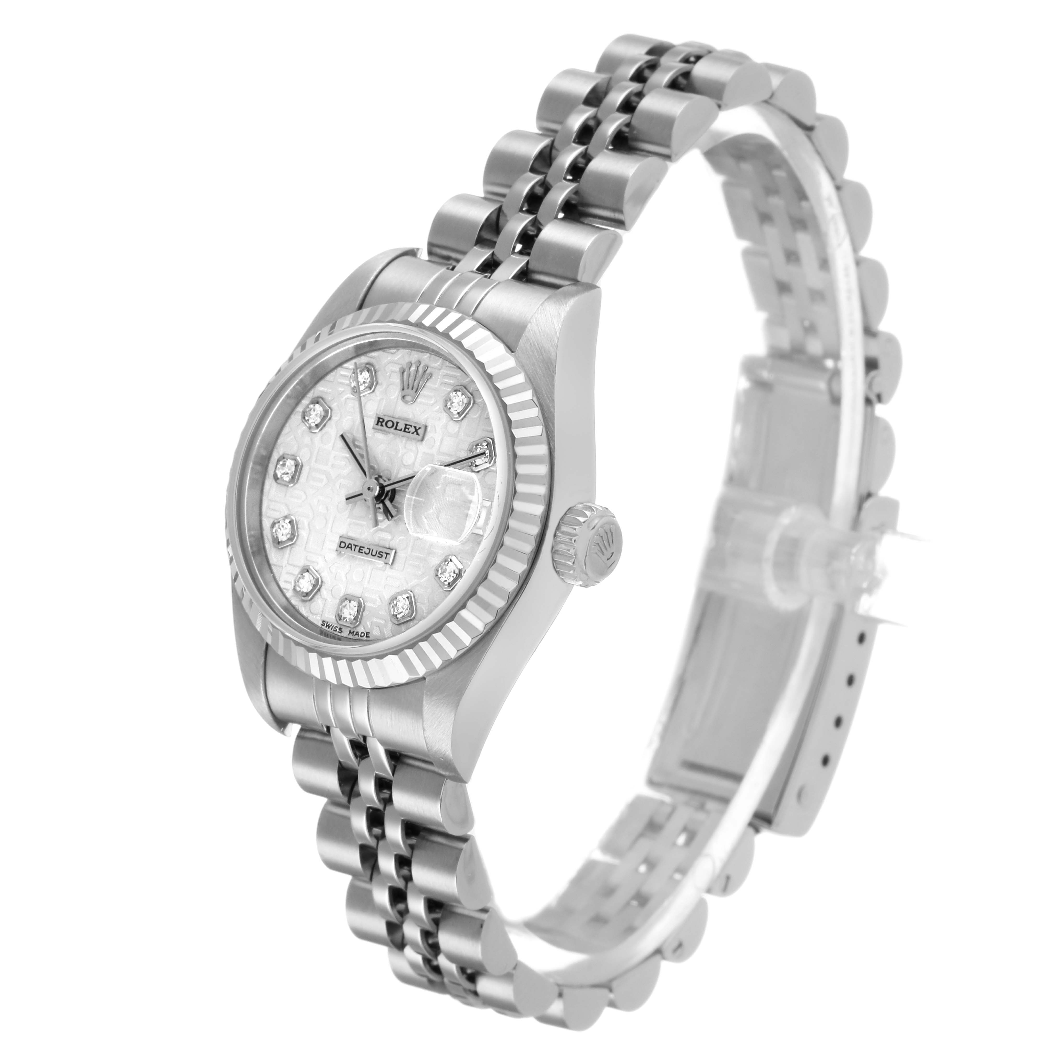 The Rolex Datejust 69174 Women's Stainless Steel Silver Dial watch is shown at a three-quarter angle highlighting the dial, bezel, and bracelet.