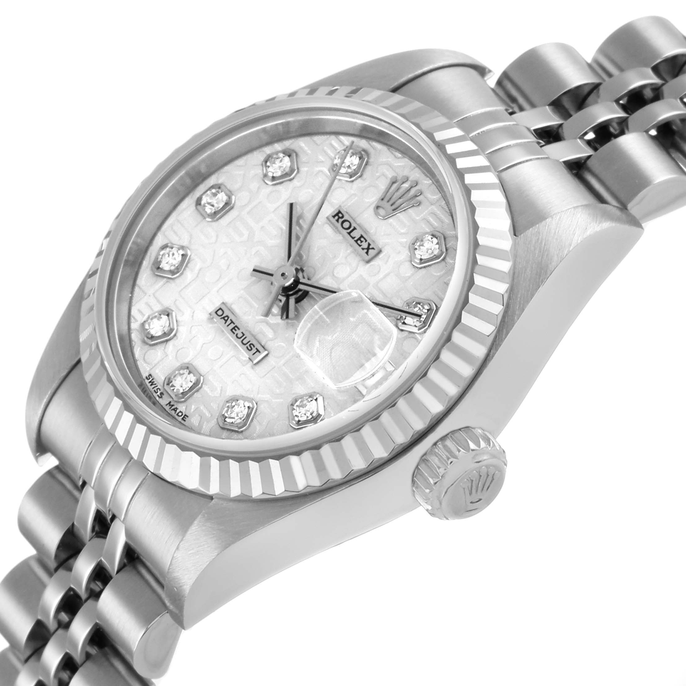 The Rolex Datejust 69174 Women's Stainless Steel Silver Dial is shown at a three-quarter angle, highlighting the dial, bezel, crown, and part of the bracelet.