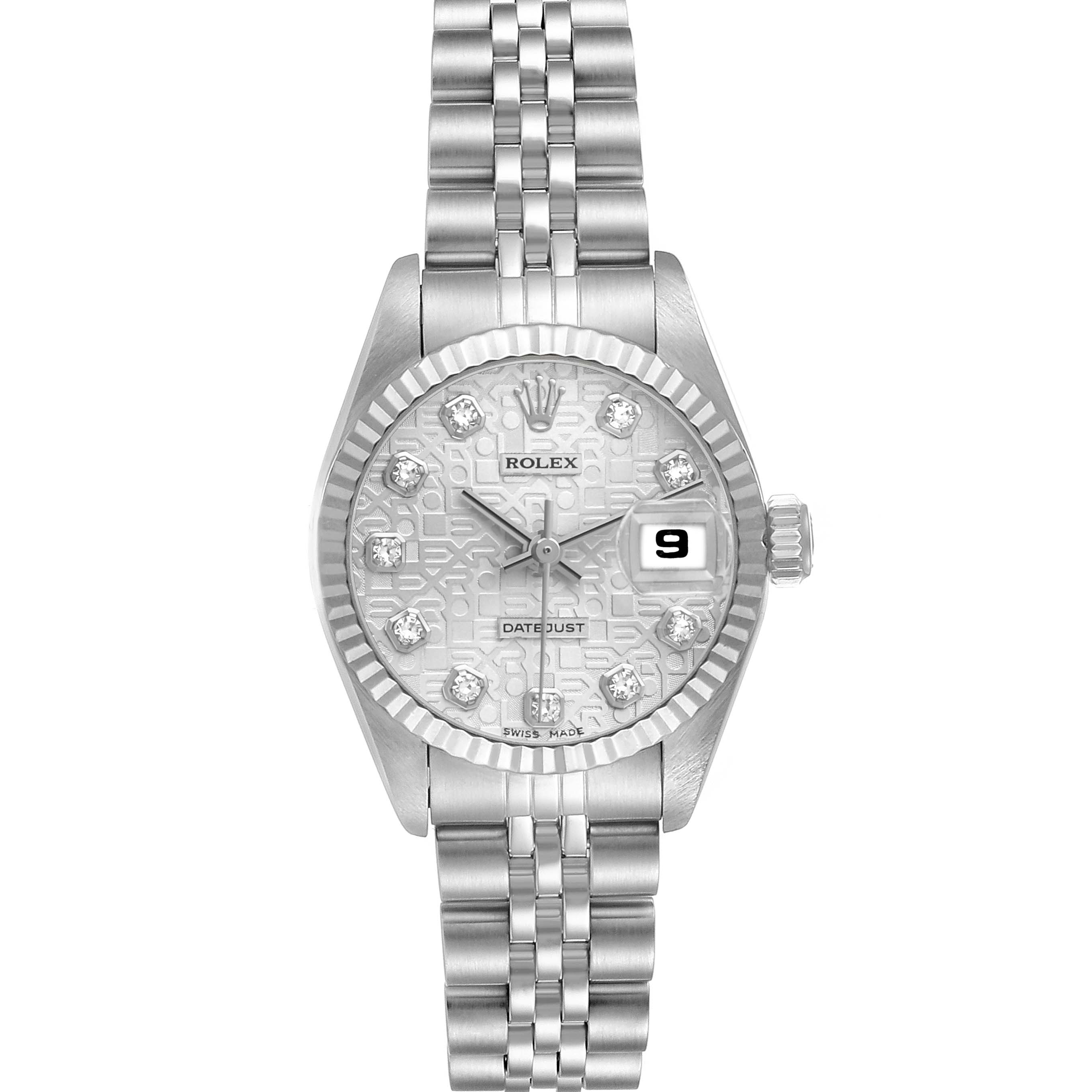 The Rolex Datejust 69174 Women's Stainless Steel Silver Dial watch is shown from a front view, displaying its dial, bezel, bracelet, and date window.