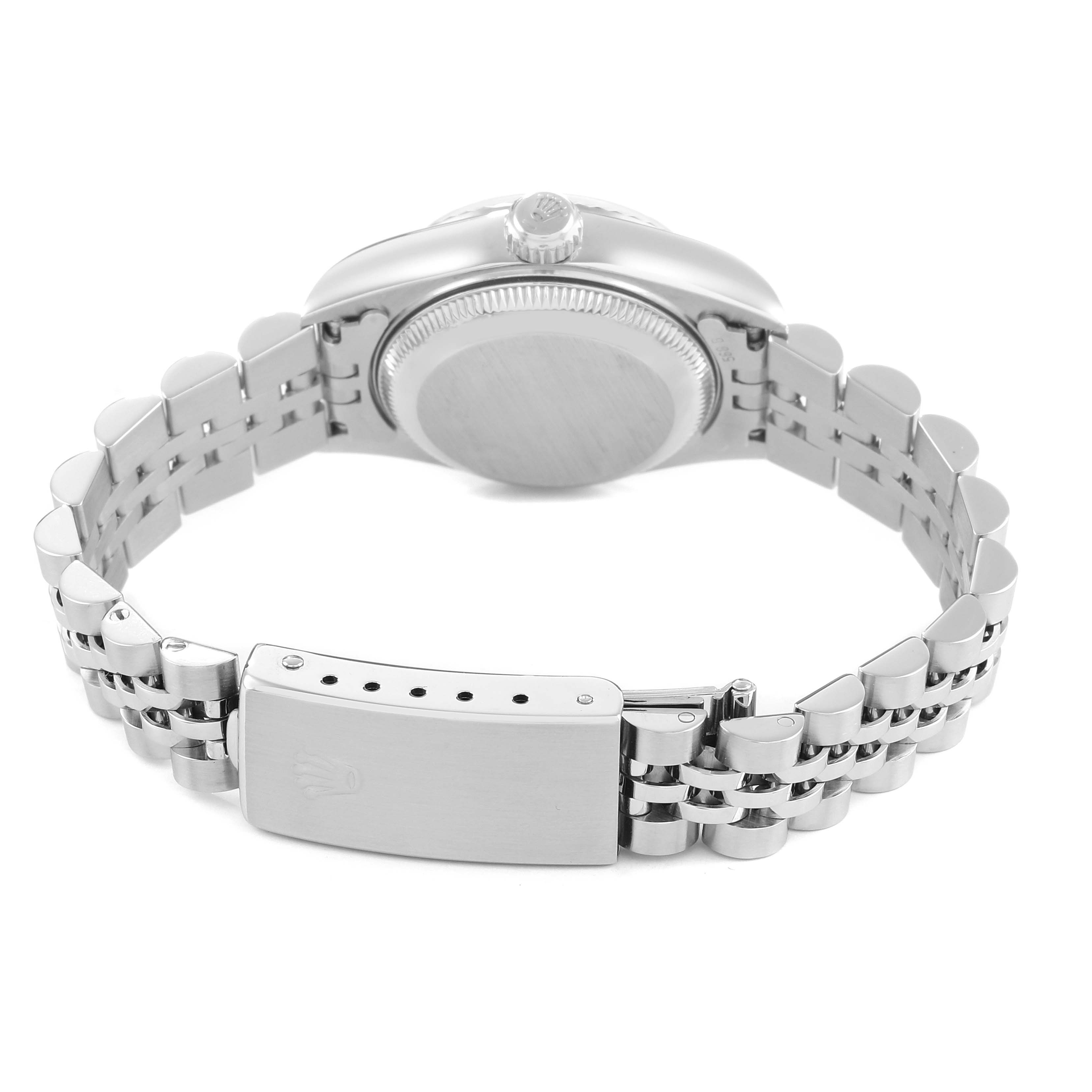 The Rolex Datejust 69174 Women's Stainless Steel Silver Dial is shown from the back, highlighting the case, crown, and Jubilee bracelet with clasp.