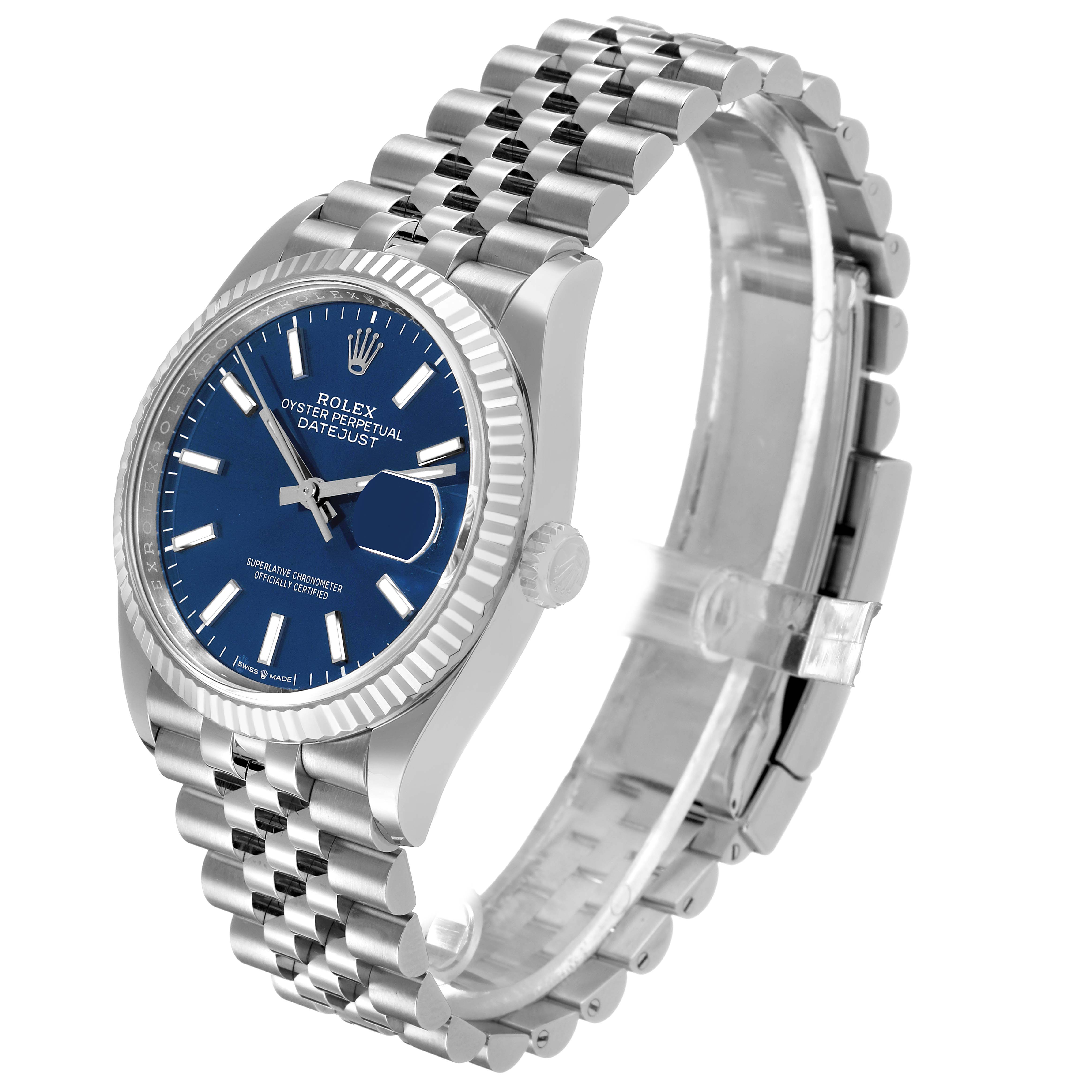 The Rolex Datejust 126234 Men's Stainless Steel Blue Dial watch is shown at a slight angle, displaying the face, crown, case, and bracelet clearly.